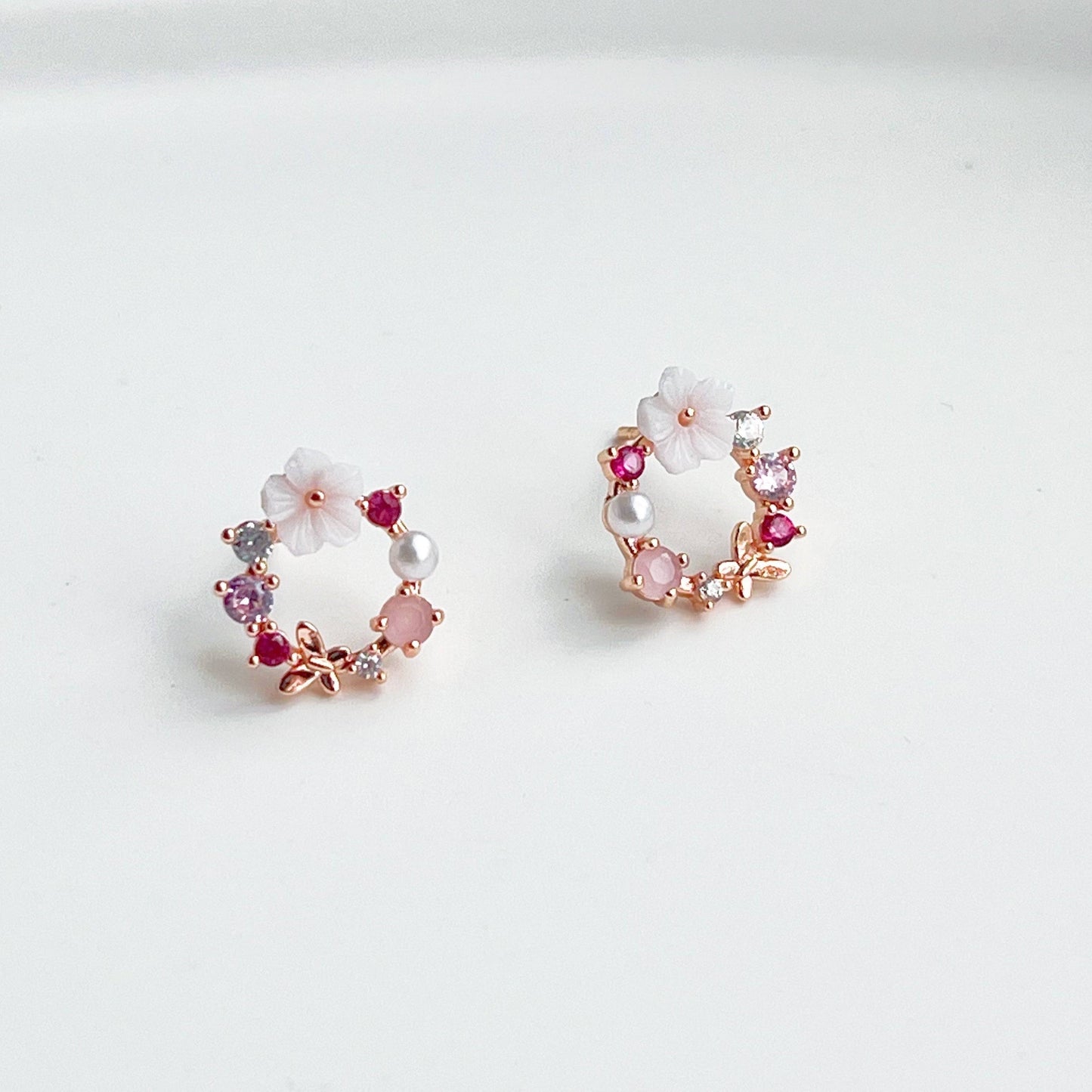 Rose Gold Wreath Pink Flower Earrings-Ninaouity