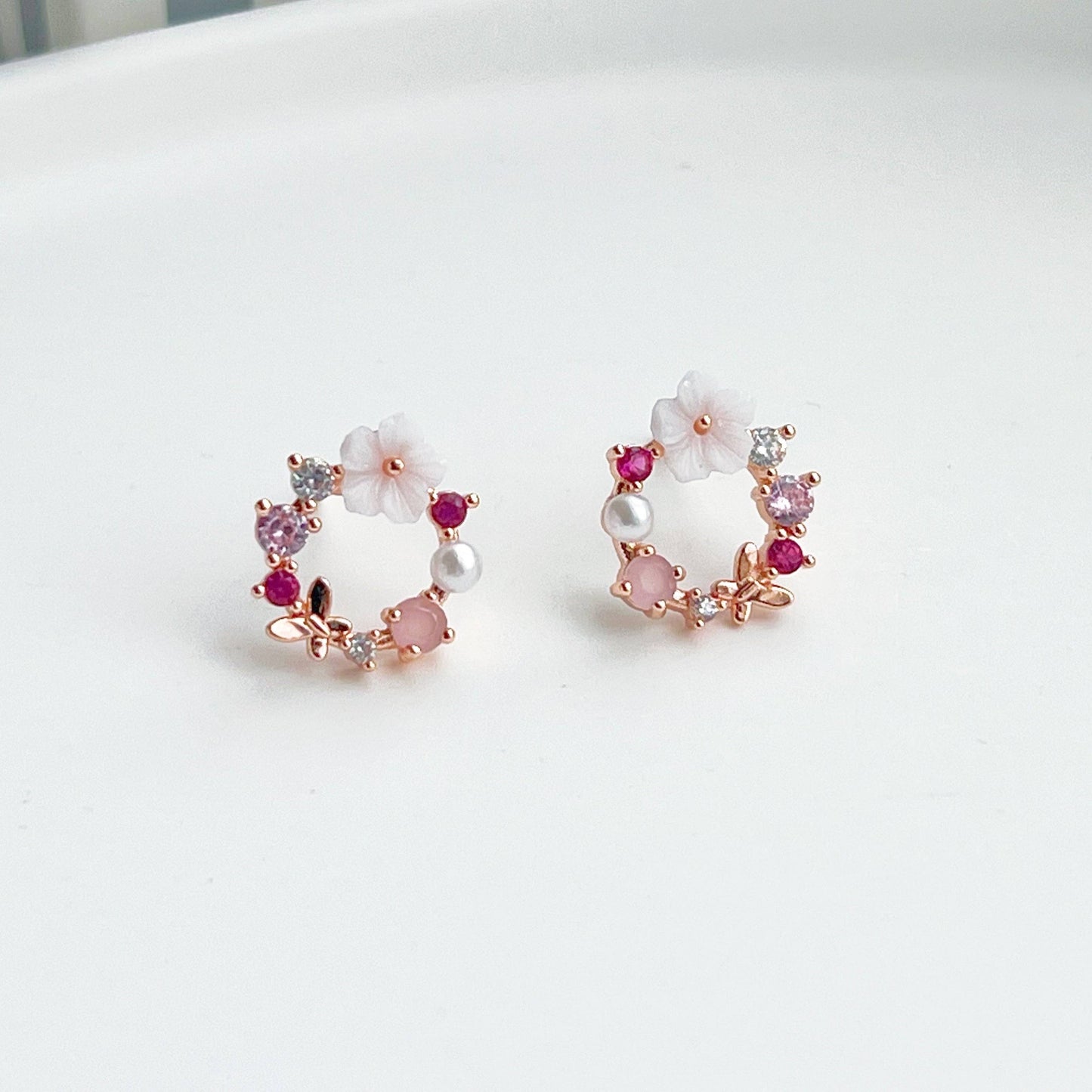 Rose Gold Wreath Pink Flower Earrings-Ninaouity
