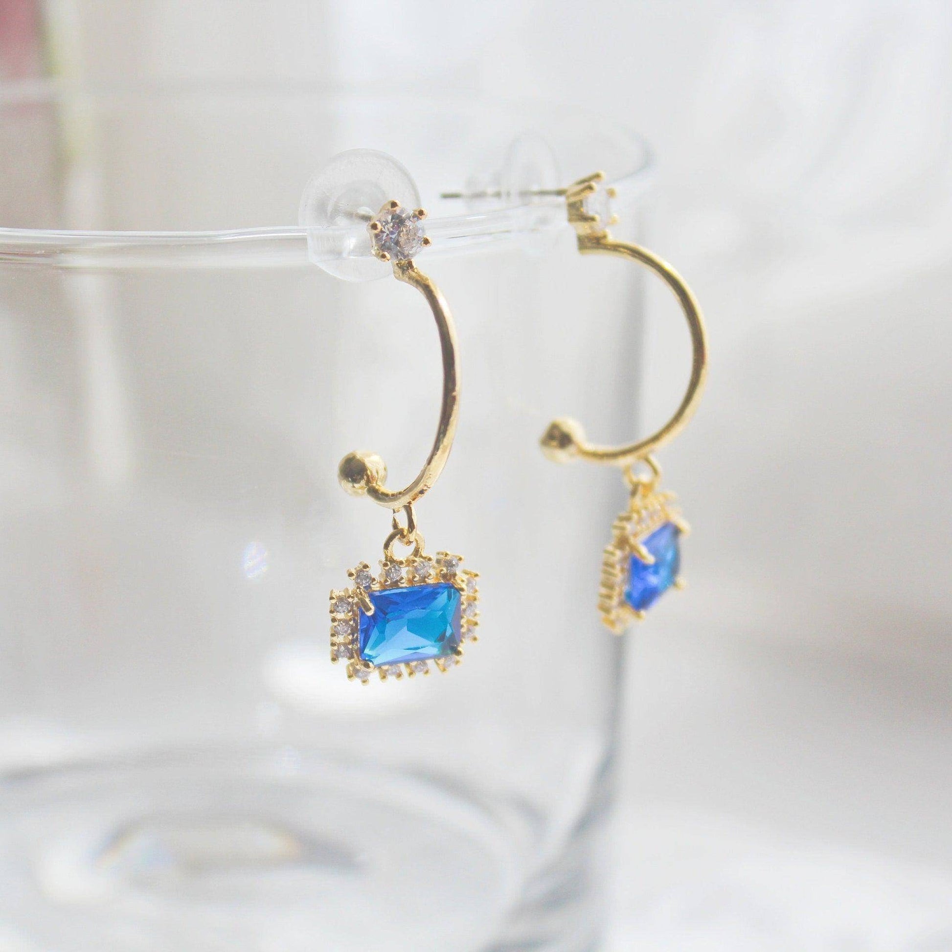 Royal Blue Crystal Earrings - Square Crystal Half Hoop Earrings-Ninaouity