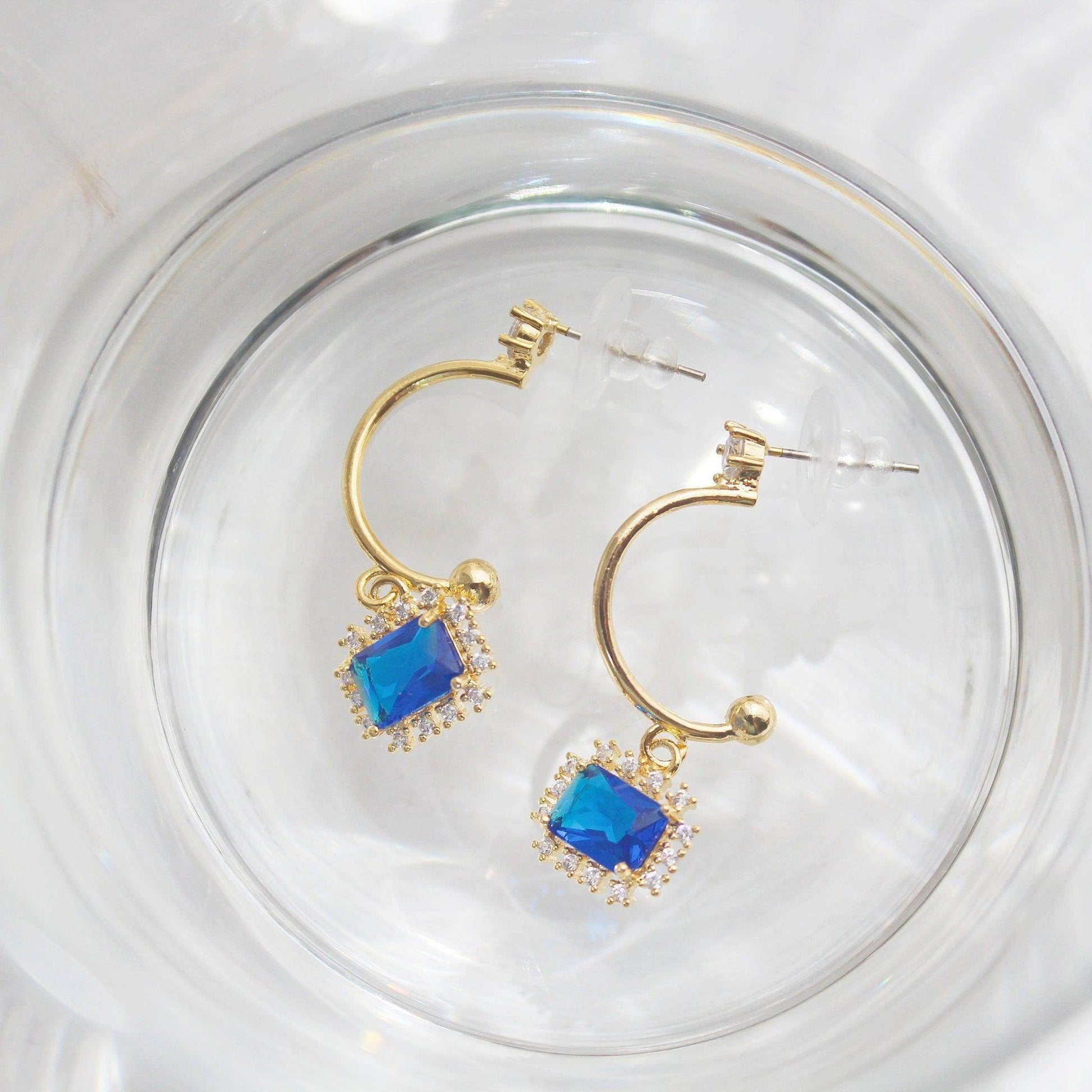 Royal Blue Crystal Earrings - Square Crystal Half Hoop Earrings-Ninaouity