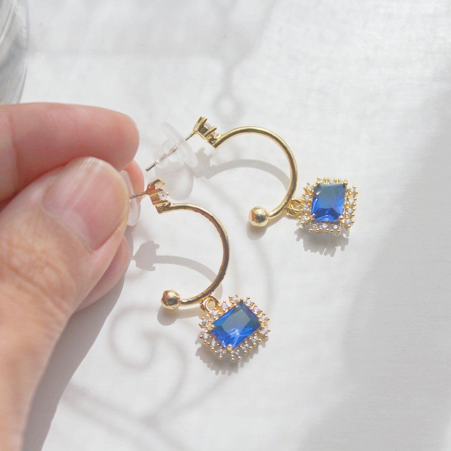 Royal Blue Crystal Earrings - Square Crystal Half Hoop Earrings-Ninaouity