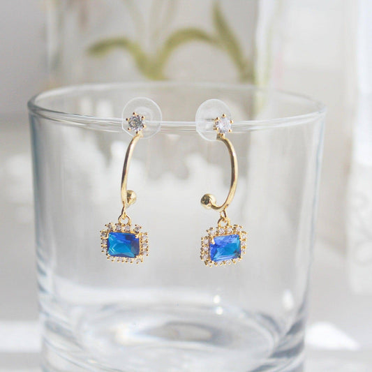 Royal Blue Crystal Earrings - Square Crystal Half Hoop Earrings-Ninaouity