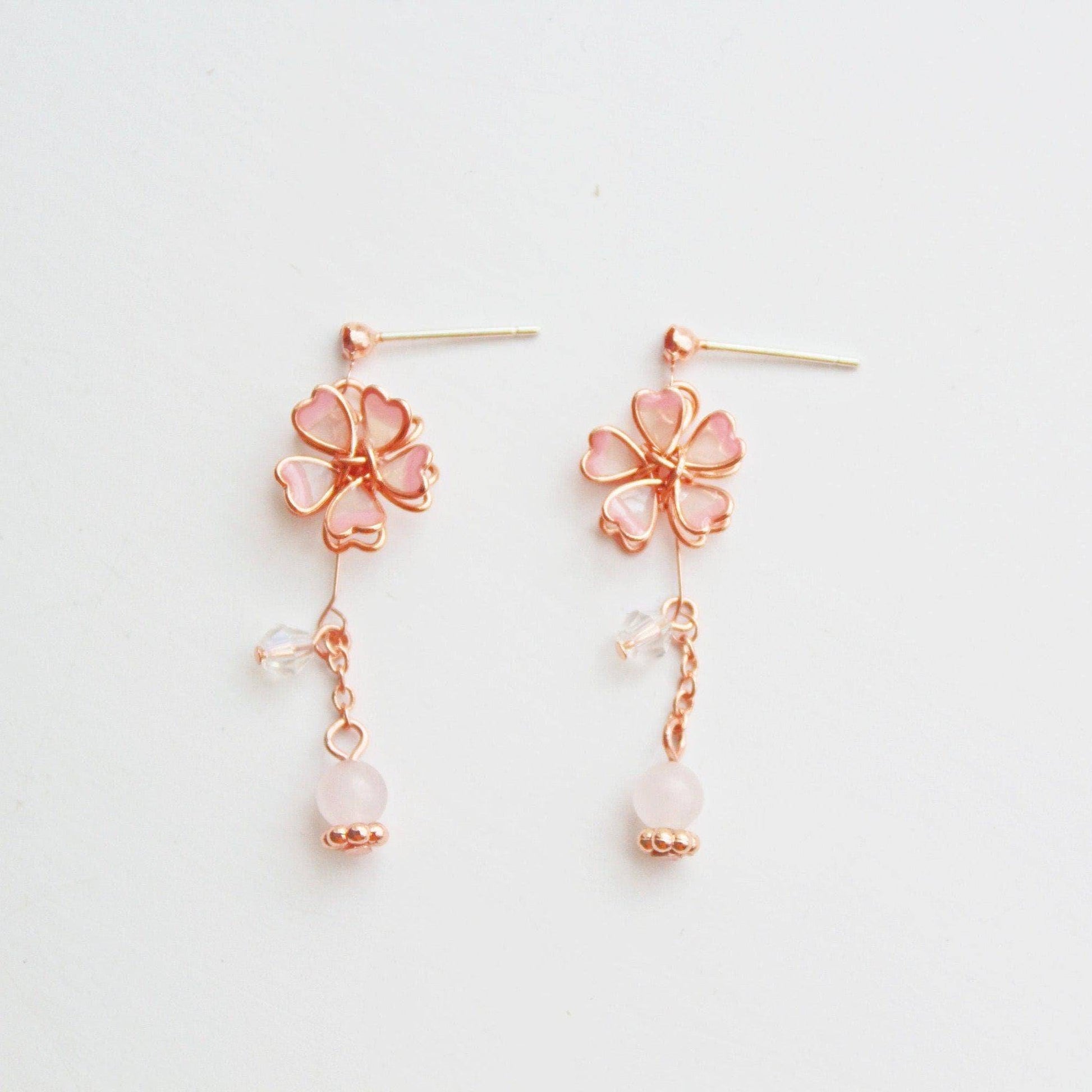 Sakura Flower Earrings - Pink Cherry Blossom with Crystal Drop Earrings-Ninaouity
