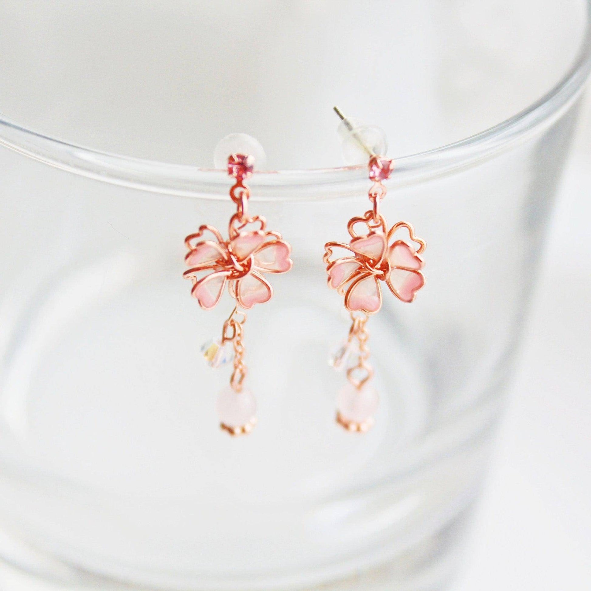 Sakura Flower Earrings - Pink Cherry Blossom with Crystal Drop Earrings-Ninaouity