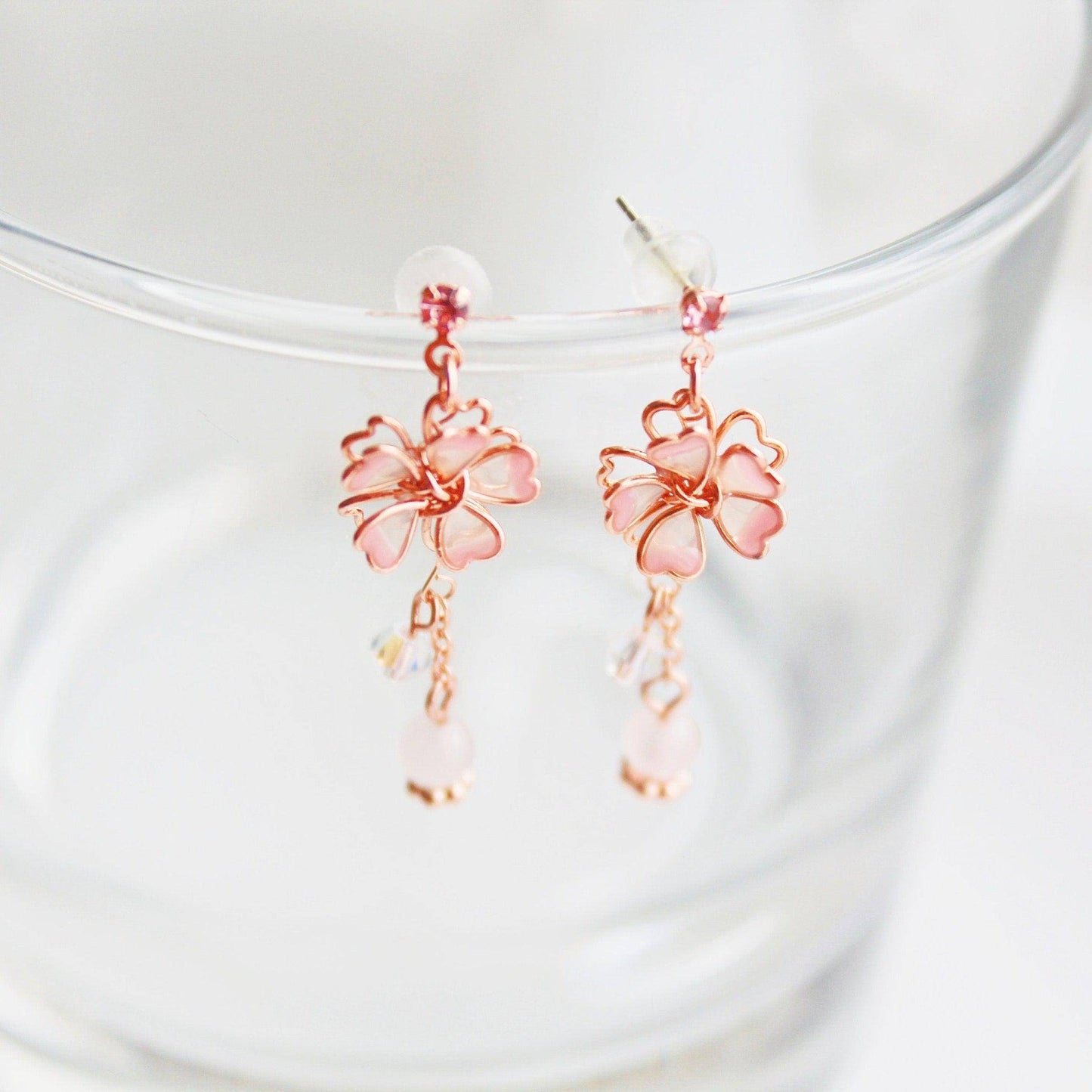 Sakura Flower Earrings - Pink Cherry Blossom with Crystal Drop Earrings-Ninaouity