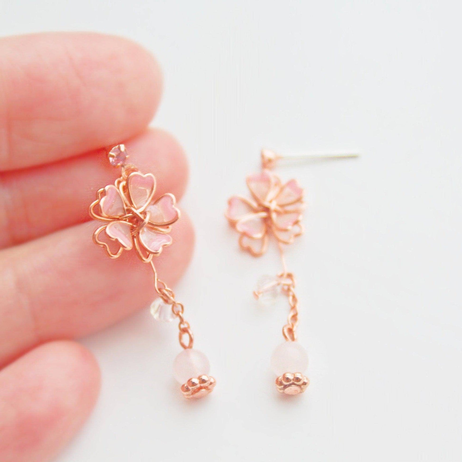 Sakura Flower Earrings - Pink Cherry Blossom with Crystal Drop Earrings-Ninaouity