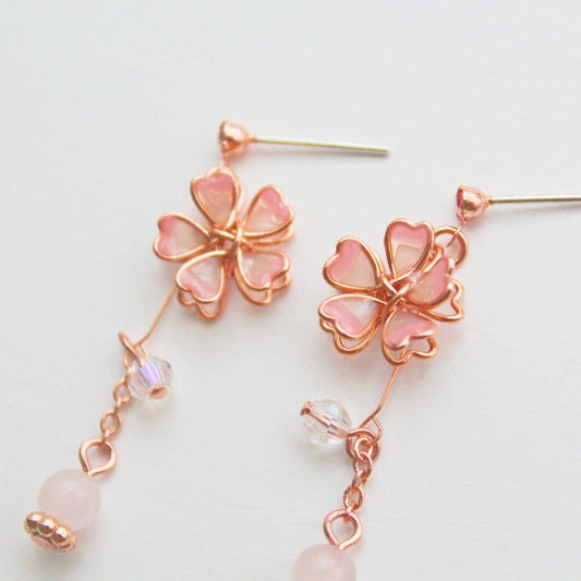 Sakura Flower Earrings - Pink Cherry Blossom with Crystal Drop Earrings-Ninaouity