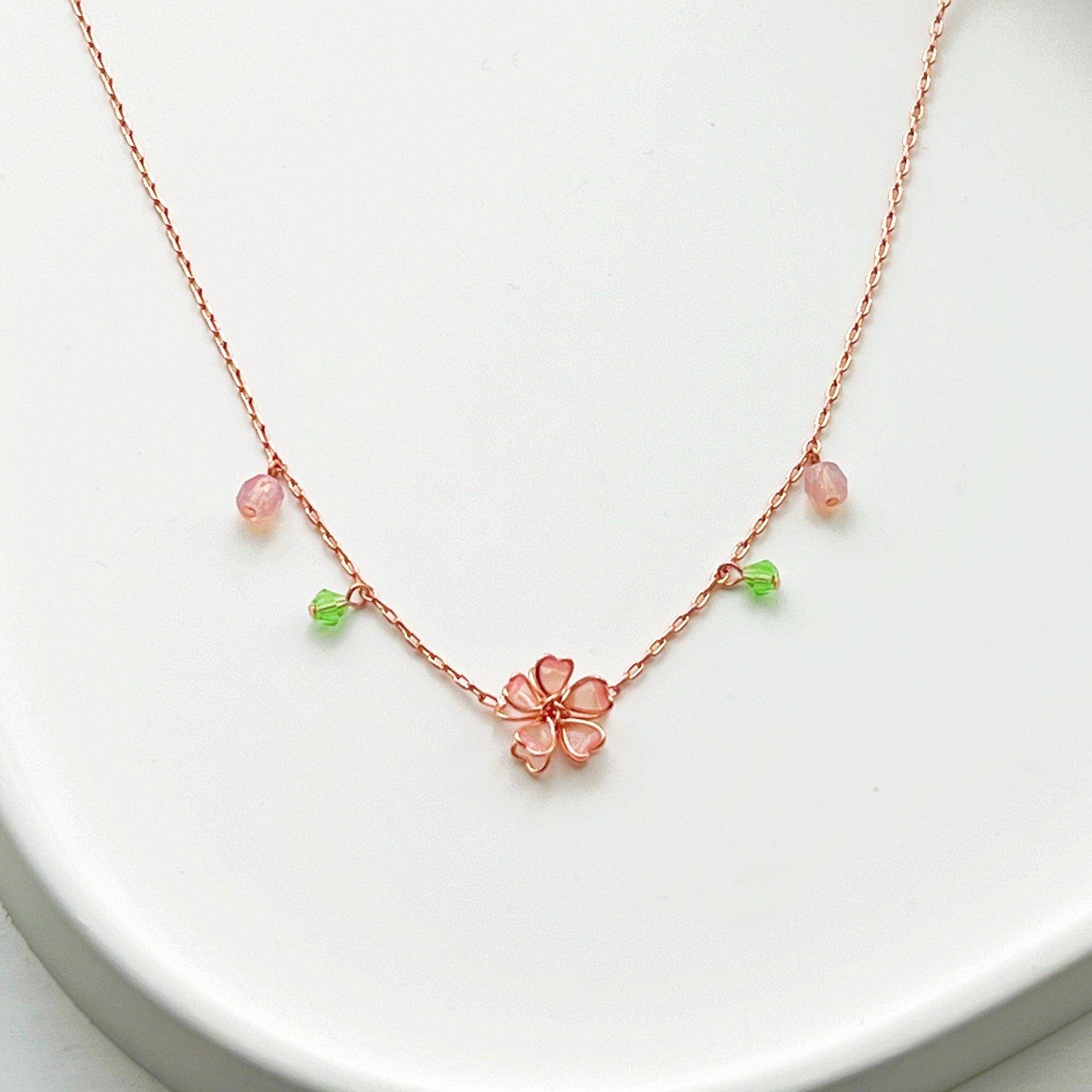 Sakura Flower Necklace - Pink Cherry Blossom with Green Crystal Necklace-Ninaouity