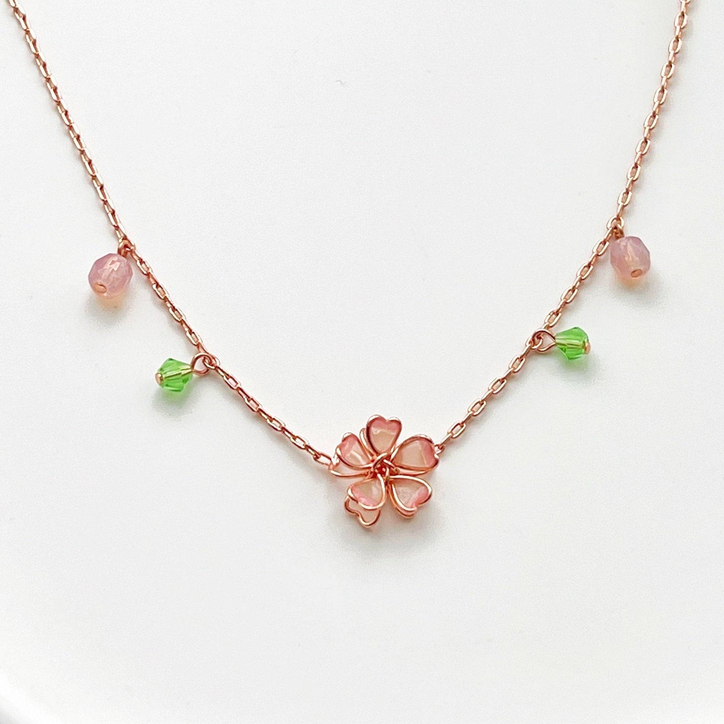 Sakura Flower Necklace - Pink Cherry Blossom with Green Crystal Necklace-Ninaouity