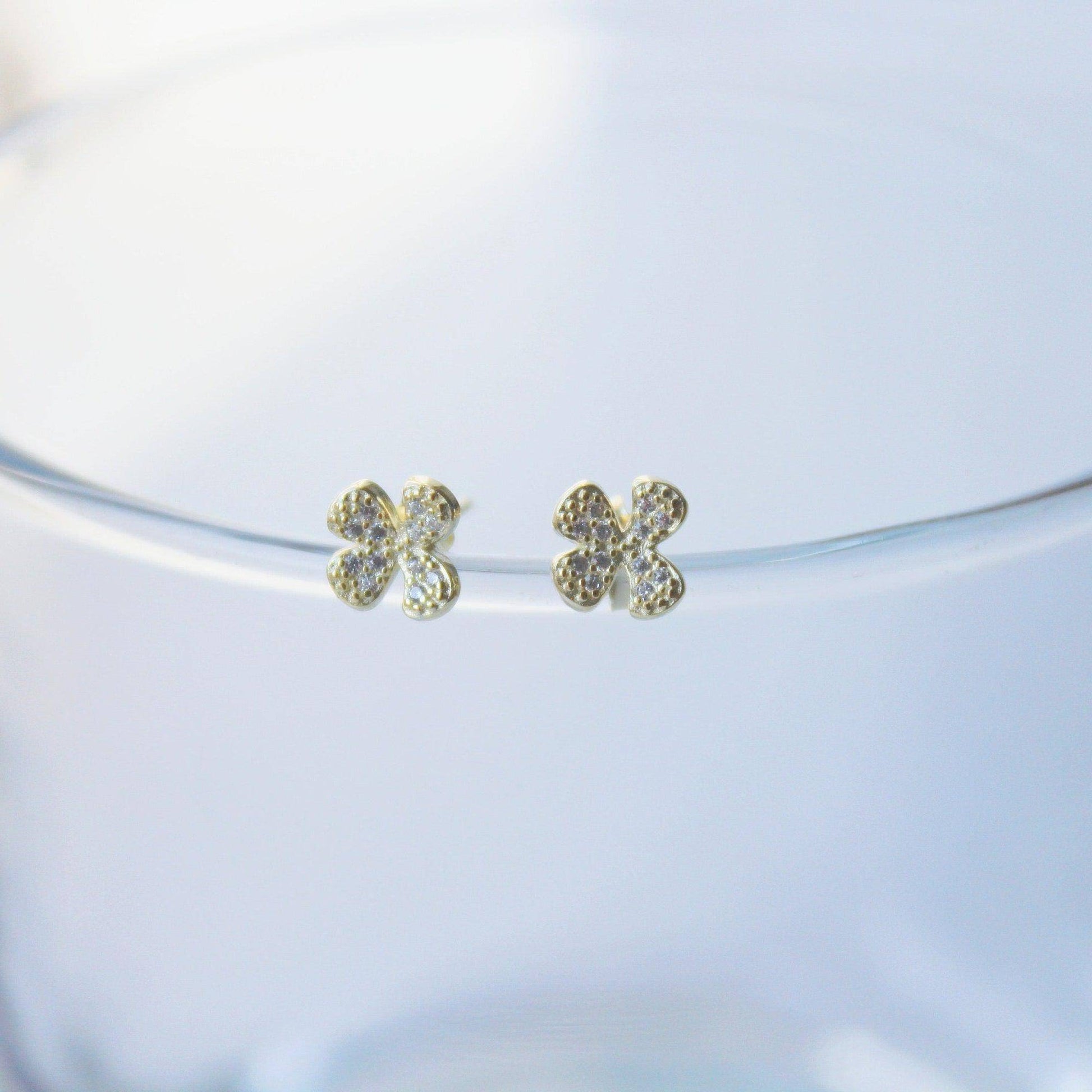 Shamrock Earrings - Gold Four leaf Clover Sterling Silver Stud Earrings-Ninaouity