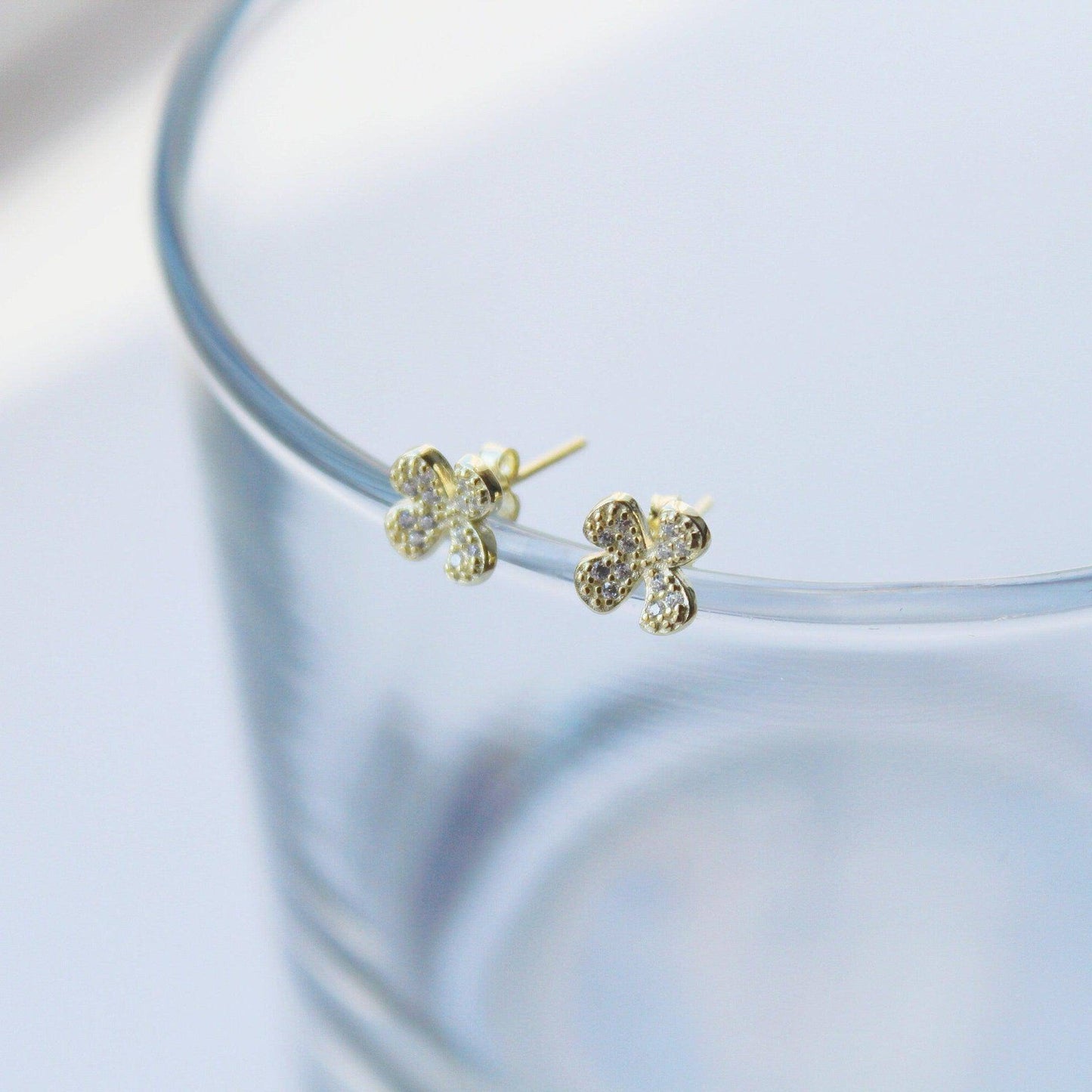 Shamrock Earrings - Gold Four leaf Clover Sterling Silver Stud Earrings-Ninaouity