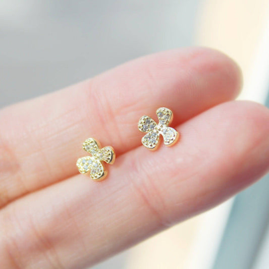 Shamrock Earrings - Gold Four leaf Clover Sterling Silver Stud Earrings-Ninaouity