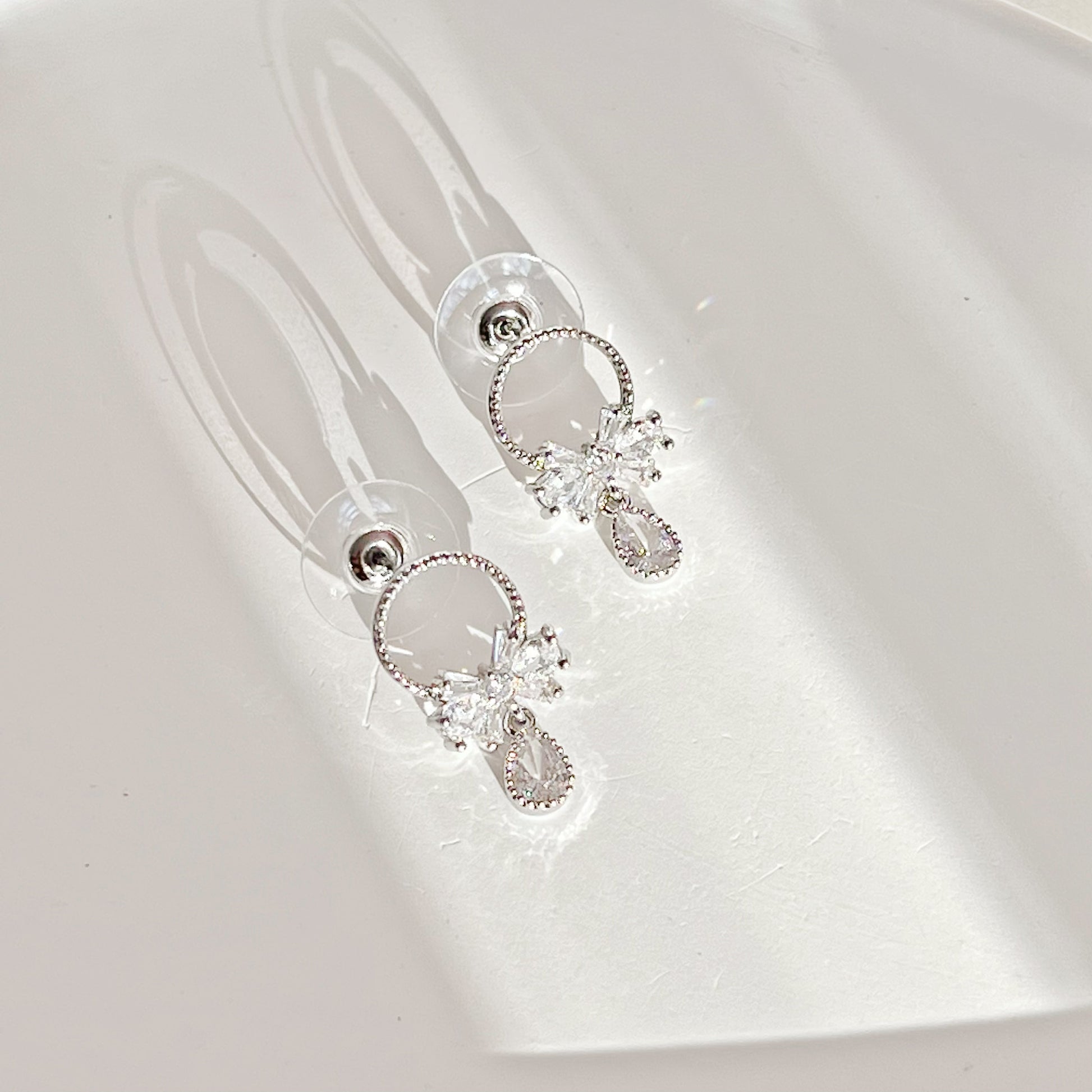 Silver Bow and Water Drop Earrings-Ninaouity