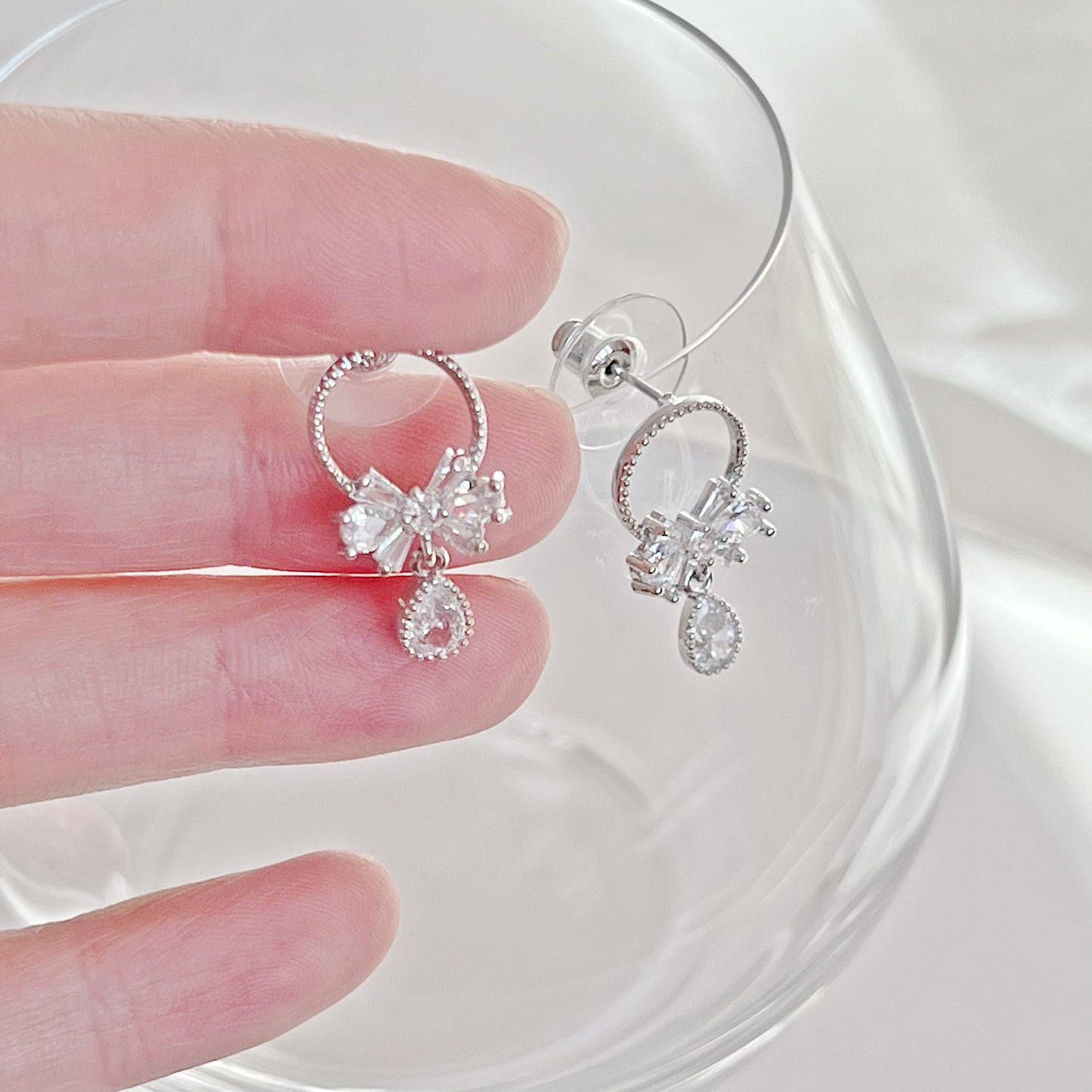 Silver Bow and Water Drop Earrings-Ninaouity