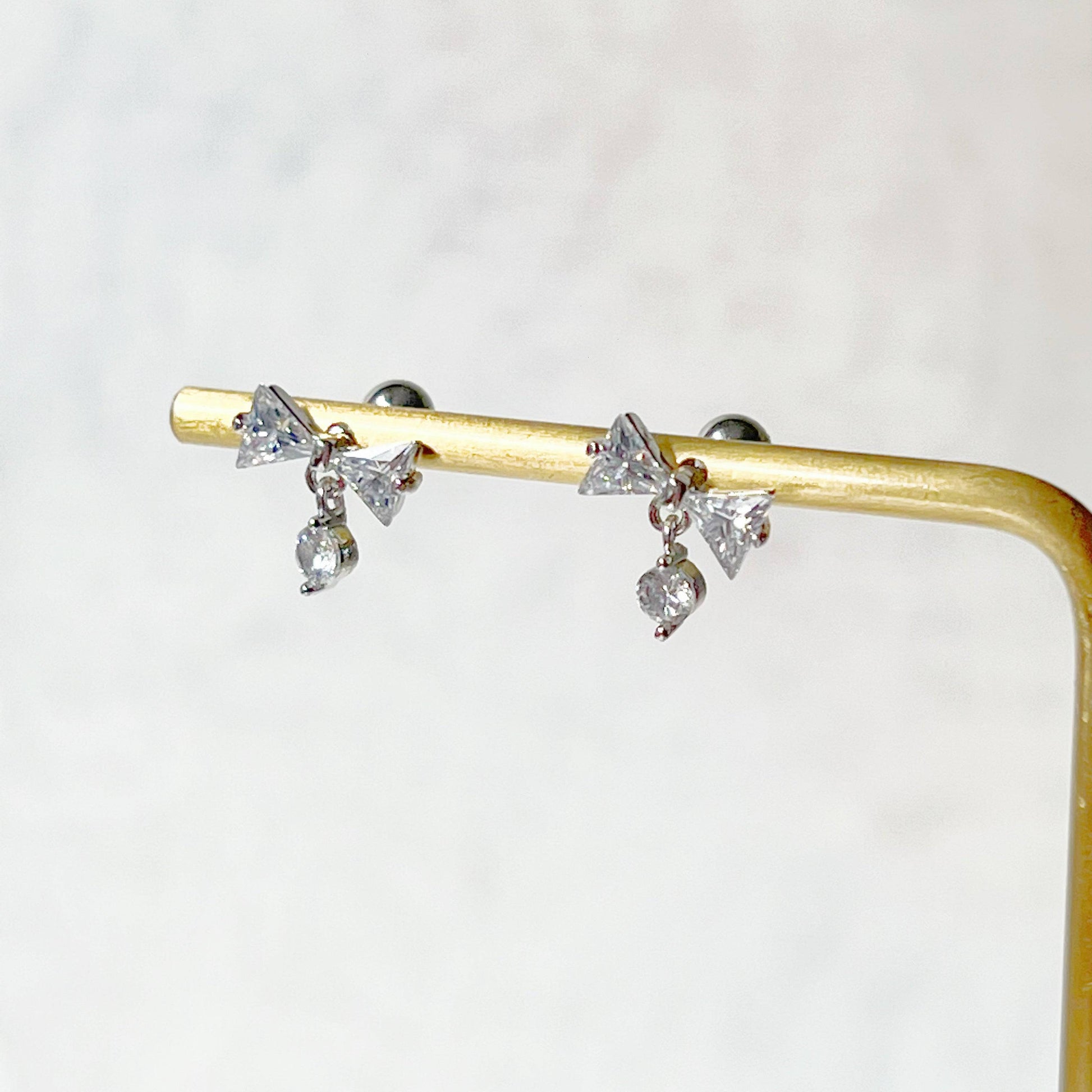 Silver Bow with Little Drop Earrings - Screw Back Earrings-Ninaouity