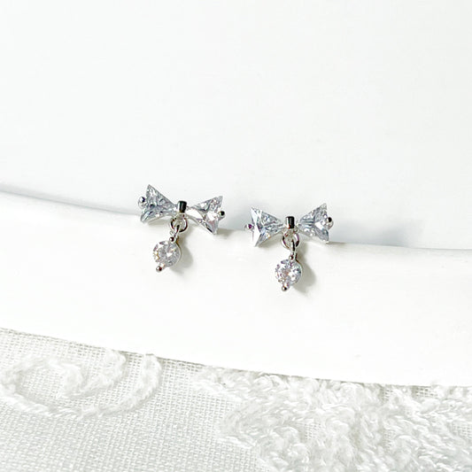 Silver Bow with Little Drop Earrings - Screw Back Earrings-Ninaouity