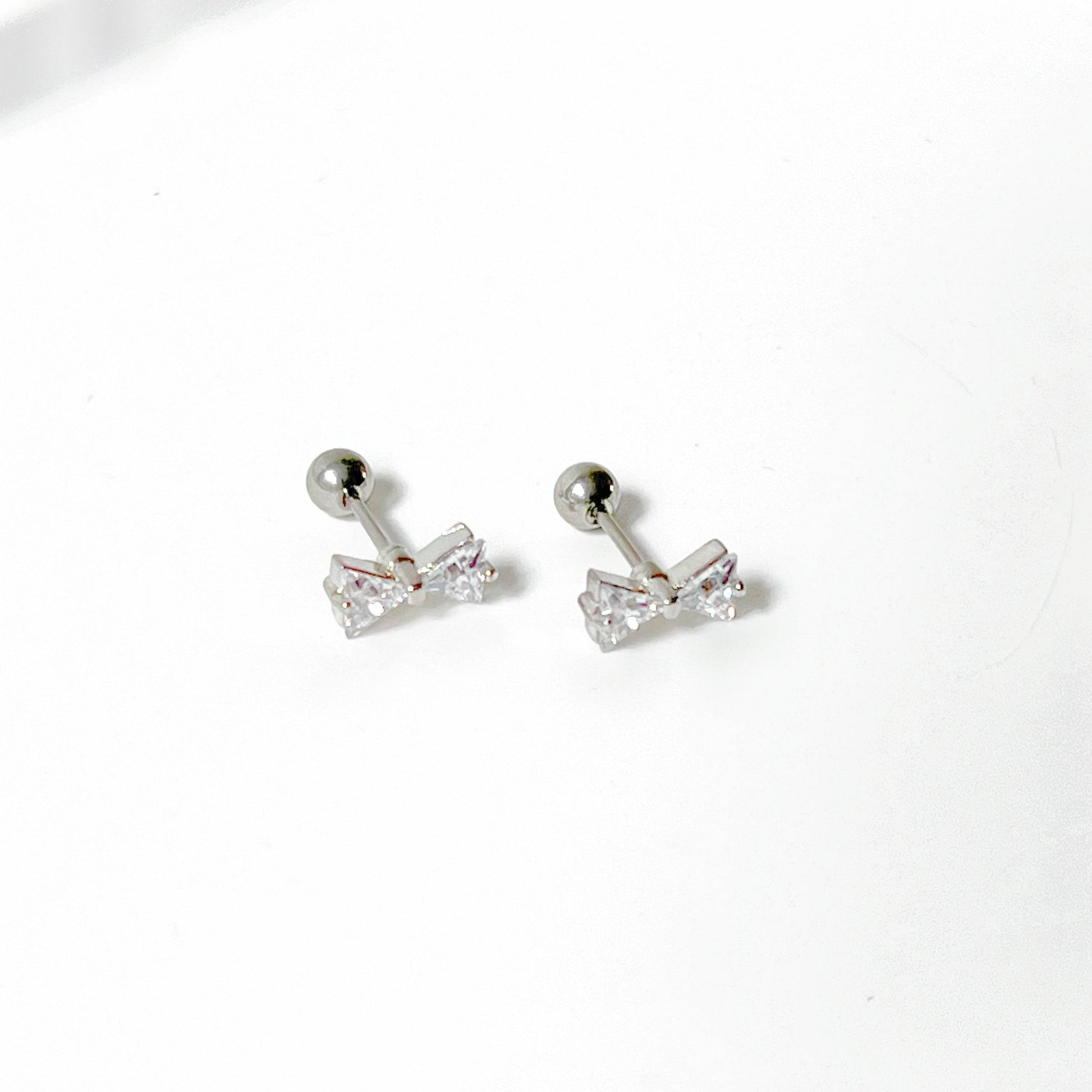 Silver Bow Zircon Earrings - Small Size Screw Back Earrings-Ninaouity