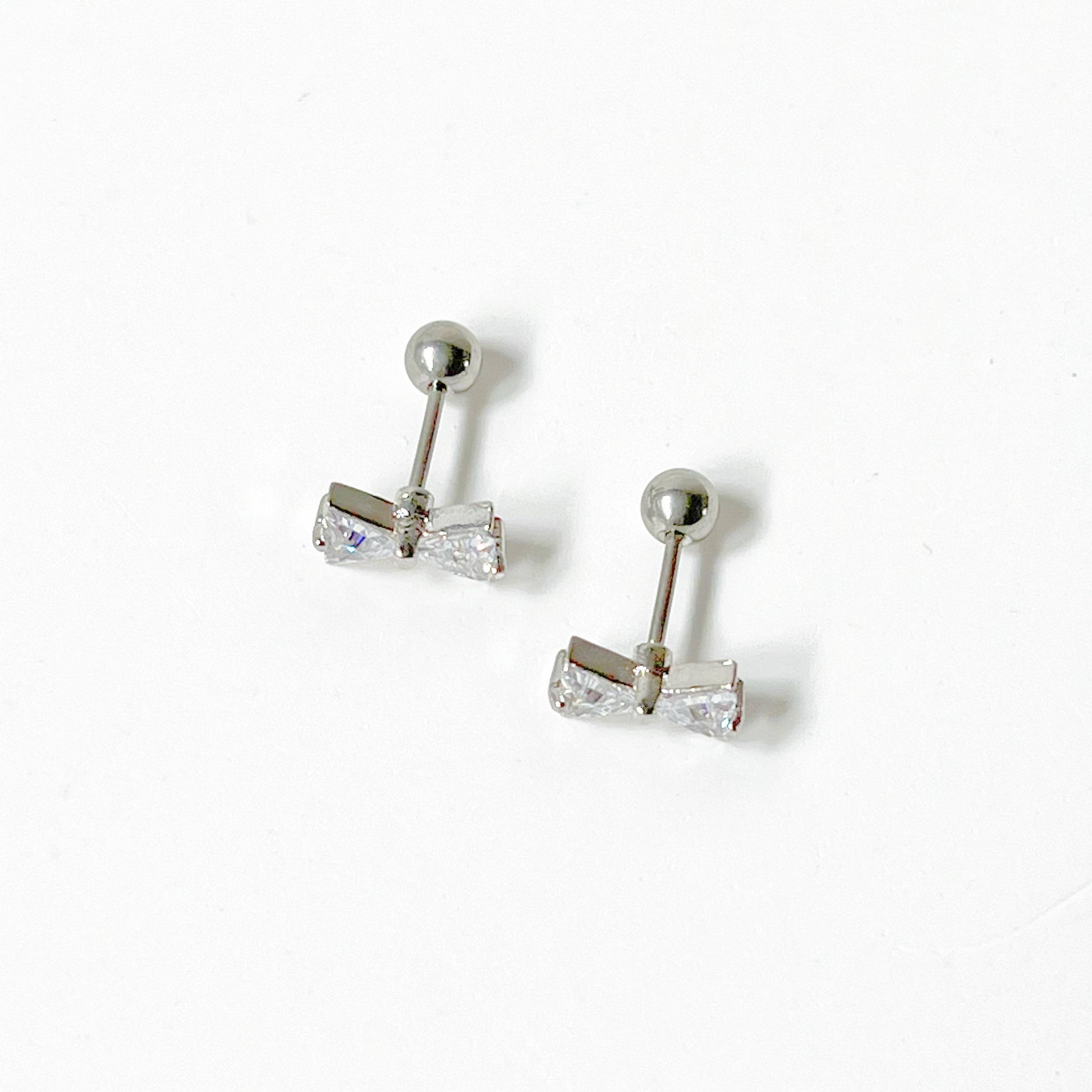Silver Bow Zircon Earrings - Small Size Screw Back Earrings-Ninaouity