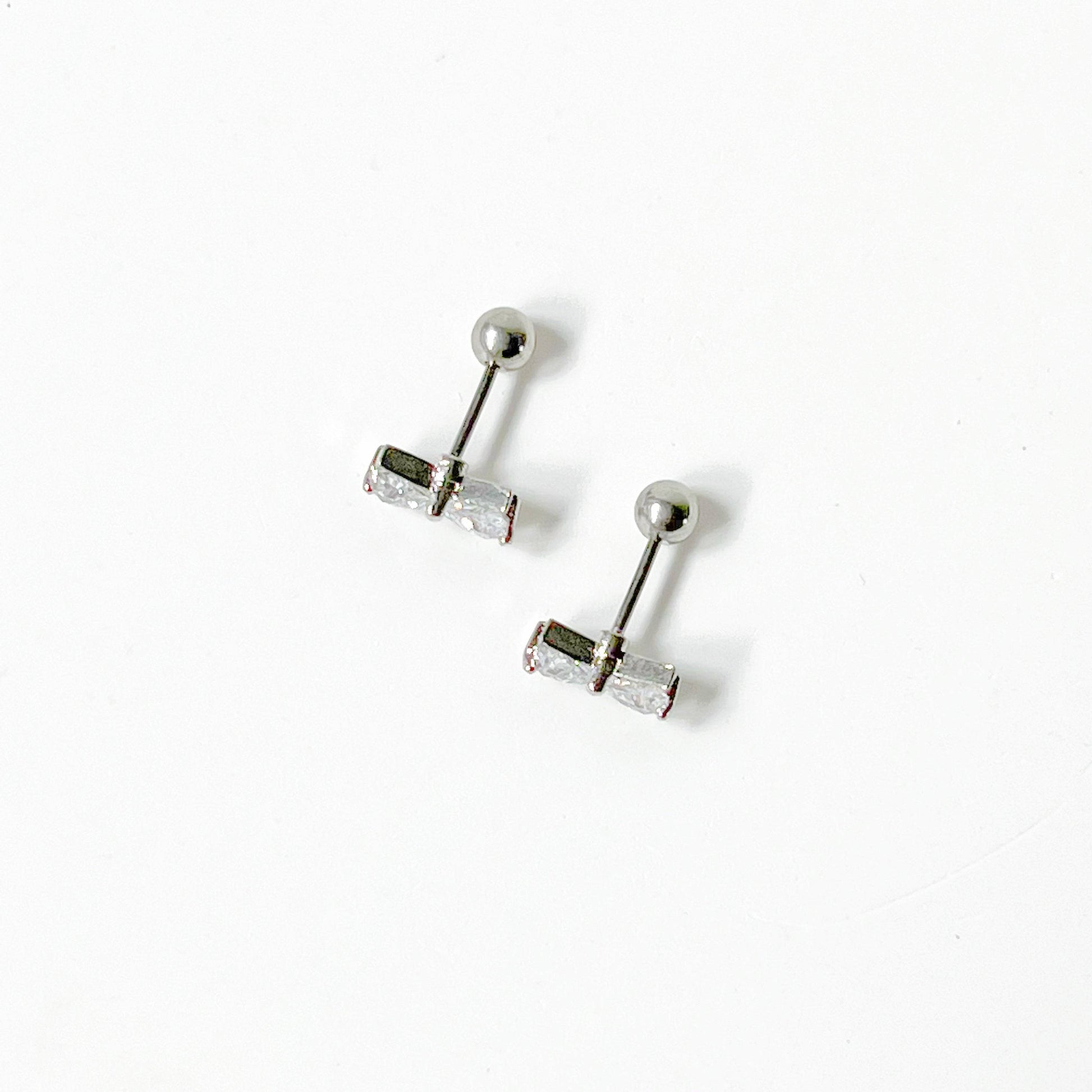 Silver Bow Zircon Earrings - Small Size Screw Back Earrings-Ninaouity