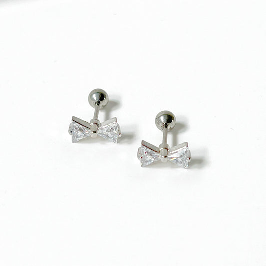 Silver Bow Zircon Earrings - Small Size Screw Back Earrings-Ninaouity