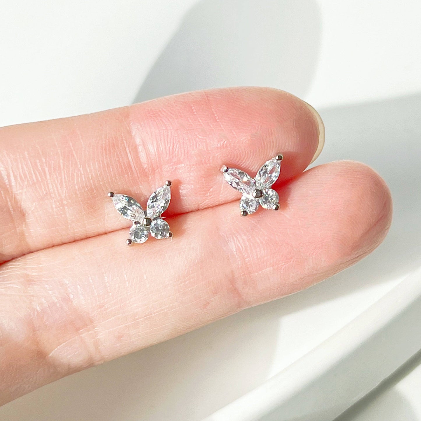 Silver Butterfly Zircon Screw Back Earrings-Ninaouity