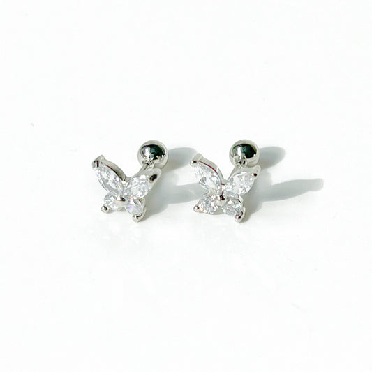 Silver Butterfly Zircon Screw Back Earrings-Ninaouity