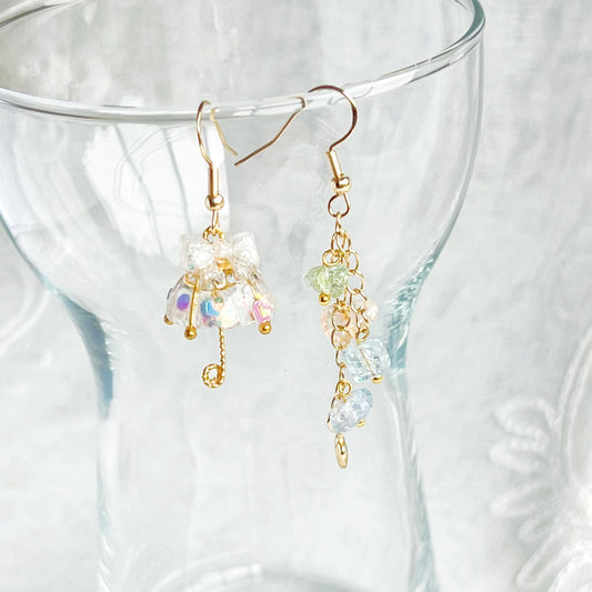 Snow White Bow Umbrella and Rainbow Stones Drop Mismatch Earrings-Ninaouity