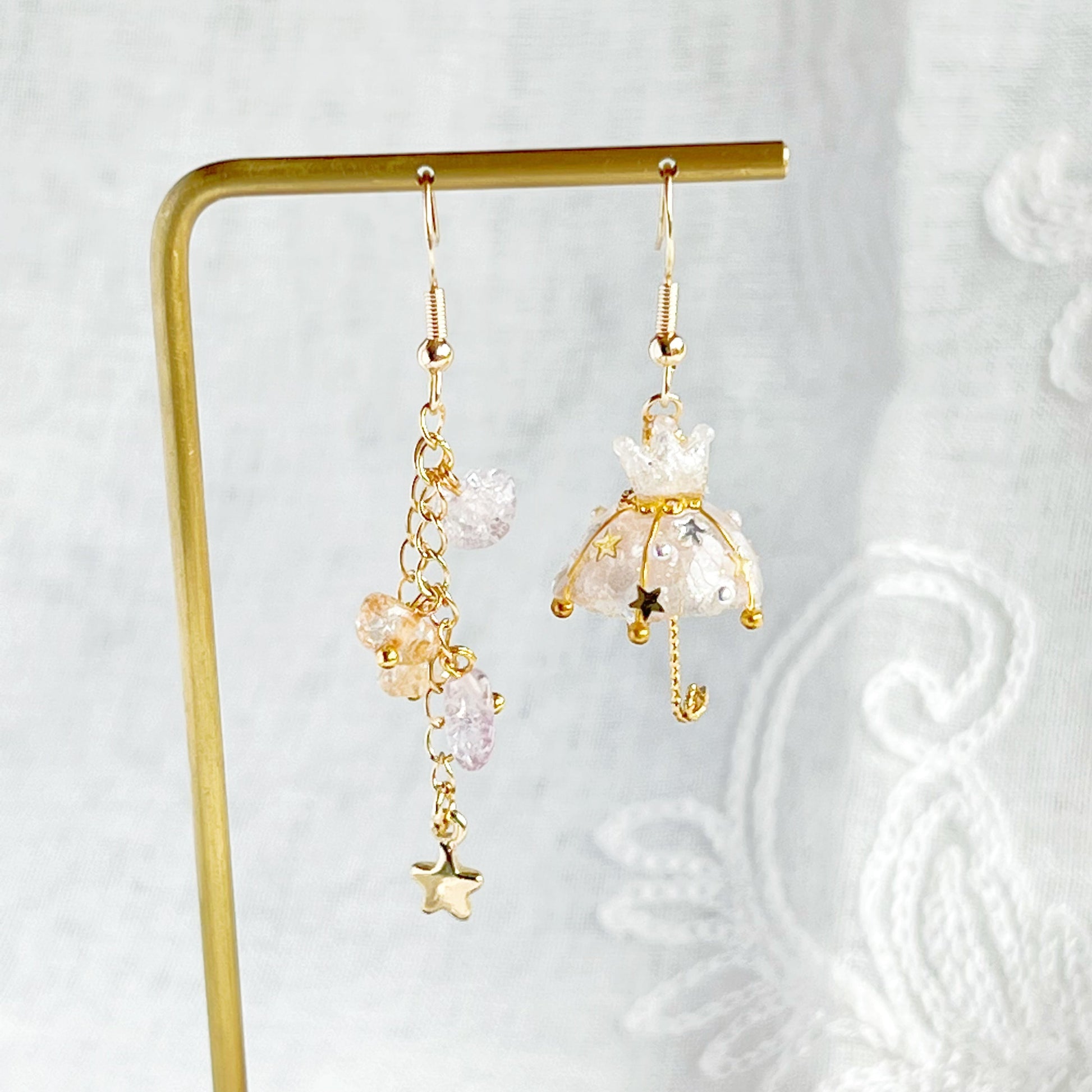 Snow White Crown Umbrella and Rainbow Stones Drop Mismatch Earrings-Ninaouity