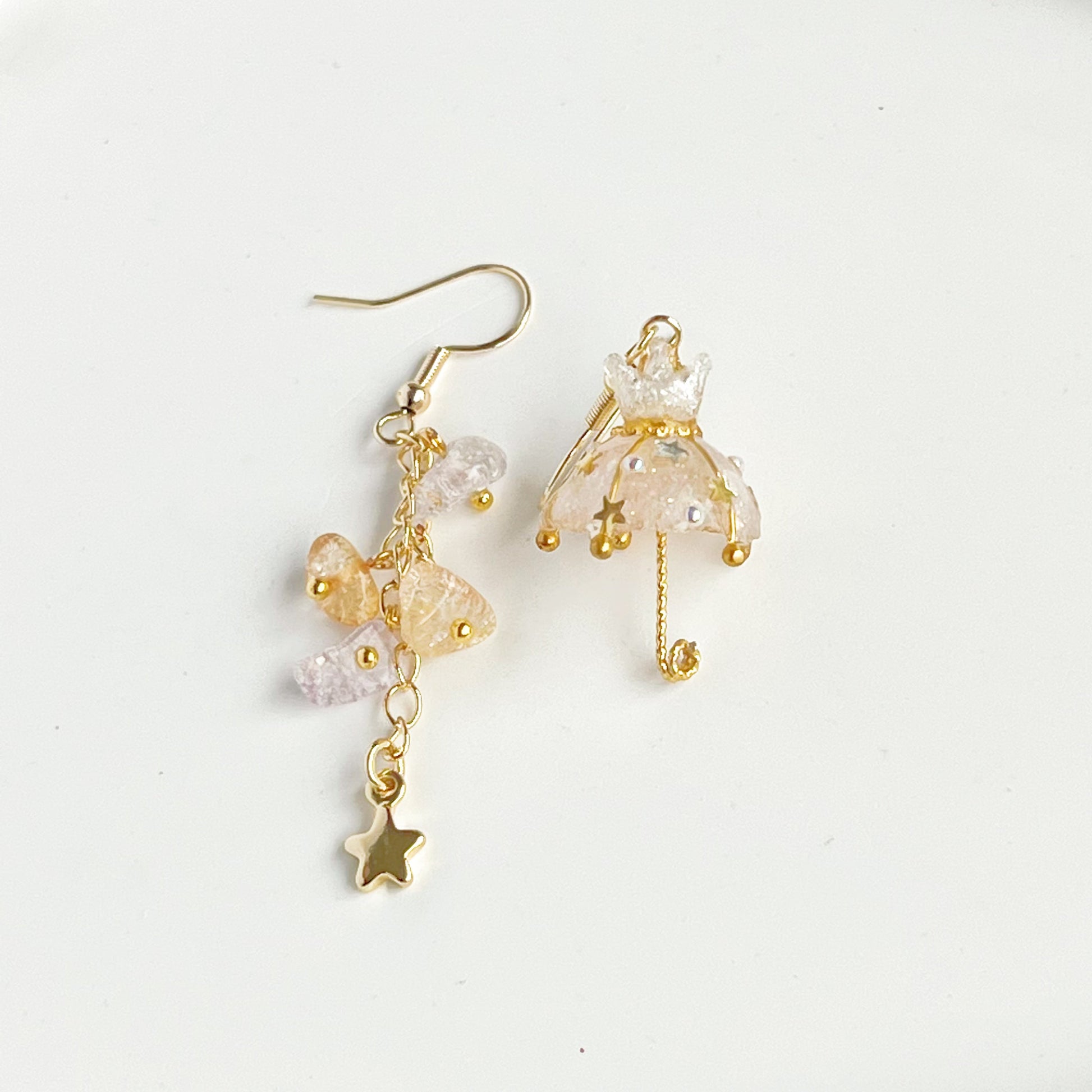 Snow White Crown Umbrella and Rainbow Stones Drop Mismatch Earrings-Ninaouity