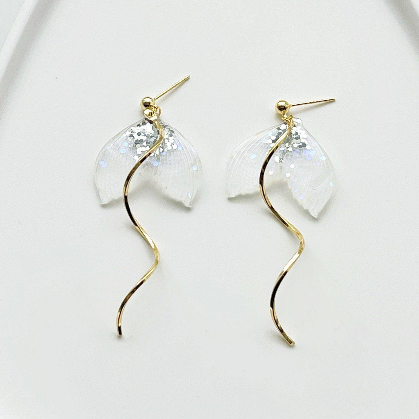 Sparkle Mermaid Tail Earrings - Golden Waves Dangle and Drop Earring-Ninaouity
