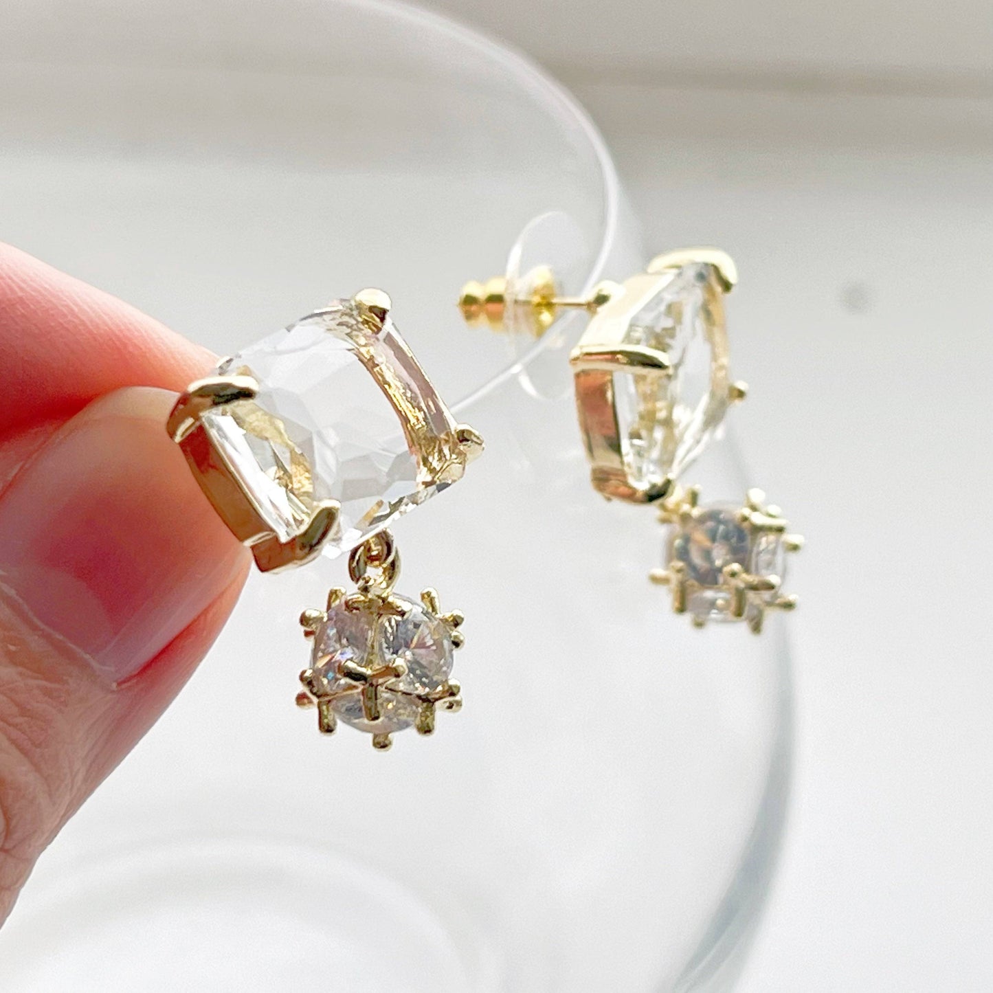 Square Ice Cube Crystal with Little Drops Stud Earrings-Ninaouity
