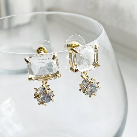 Square Ice Cube Crystal with Little Drops Stud Earrings-Ninaouity