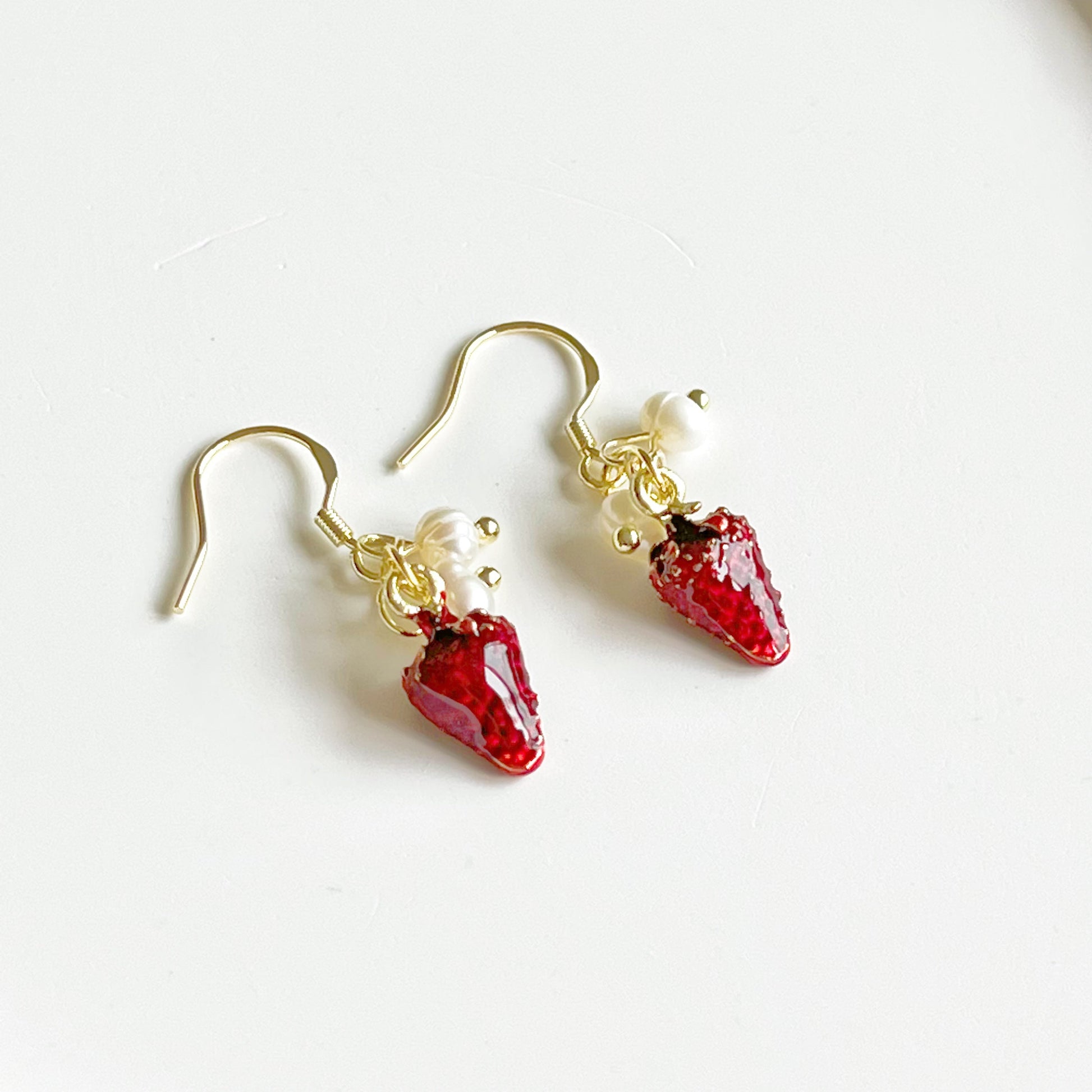 Strawberry and Pearl Mini Drop Earrings-Ninaouity