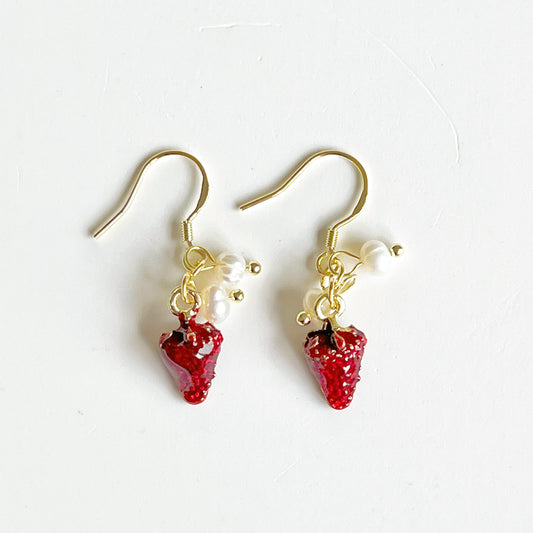 Strawberry and Pearl Mini Drop Earrings-Ninaouity