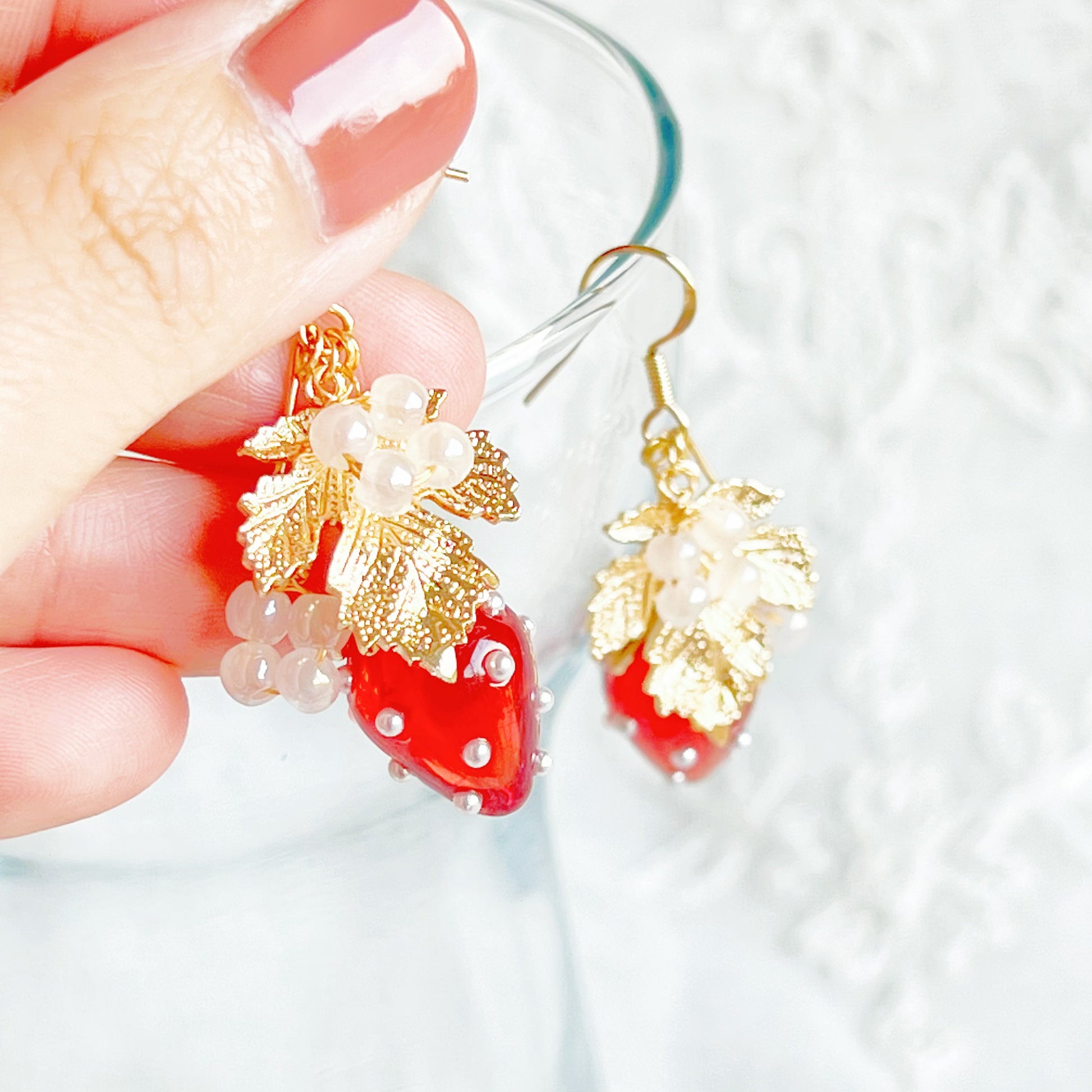 Strawberry Gold Leaf Drop Earrings-Ninaouity