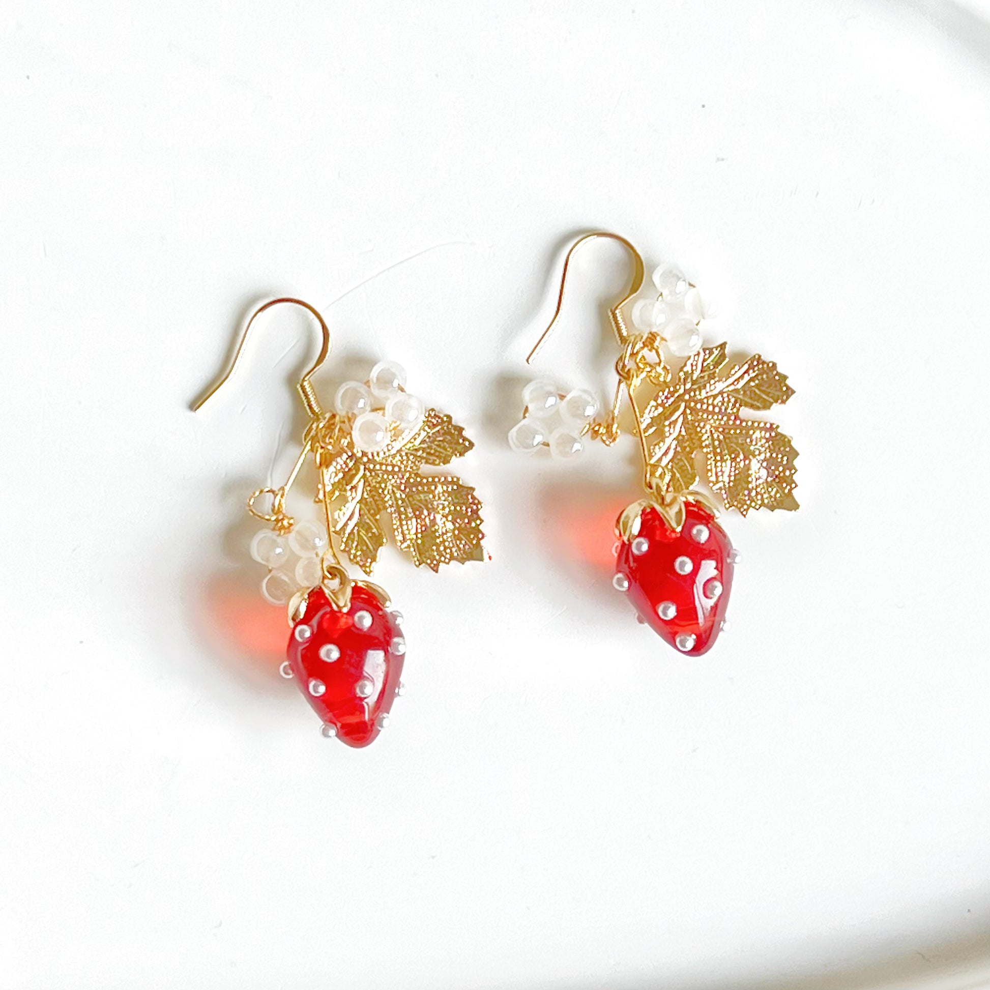 Strawberry Gold Leaf Drop Earrings-Ninaouity