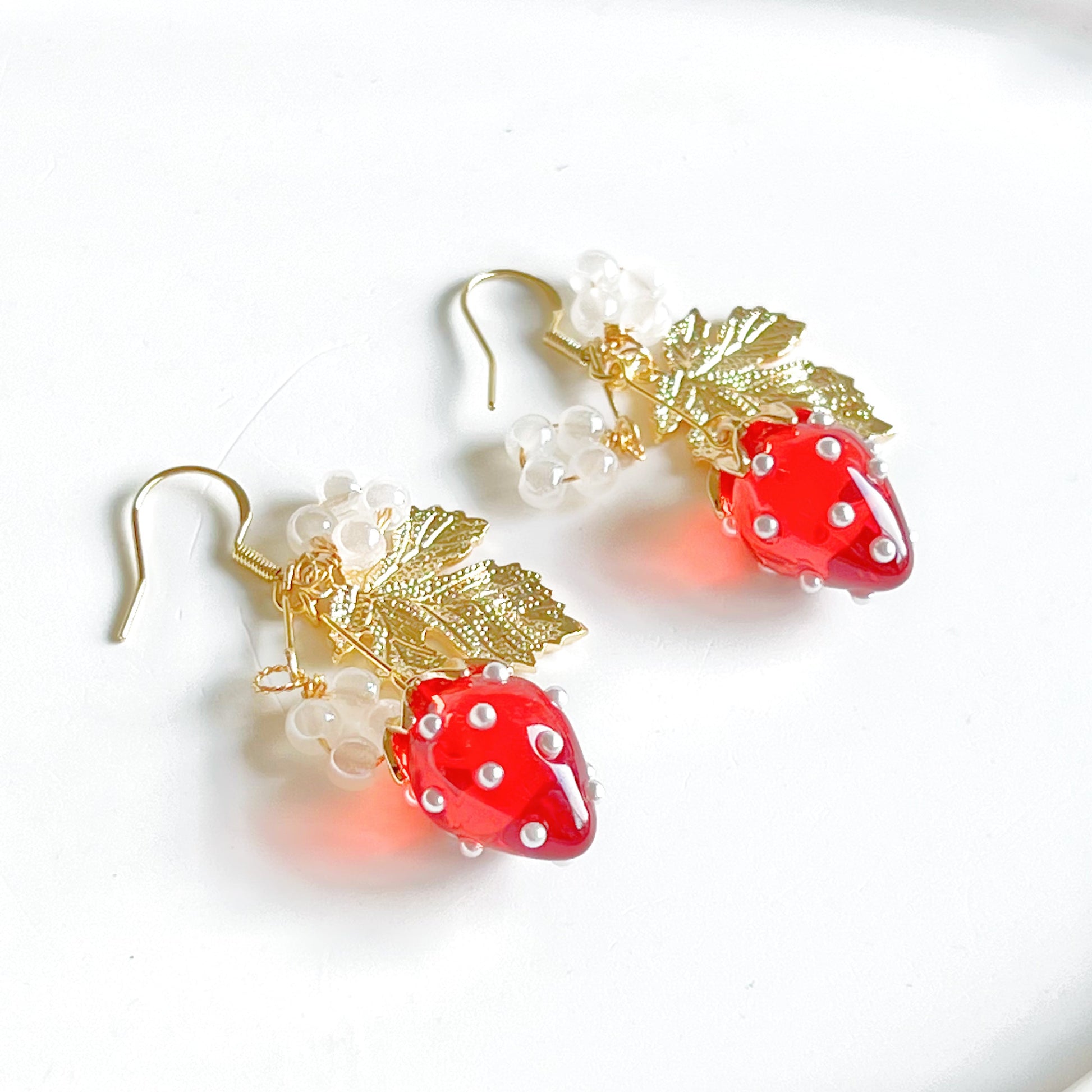 Strawberry Gold Leaf Drop Earrings-Ninaouity