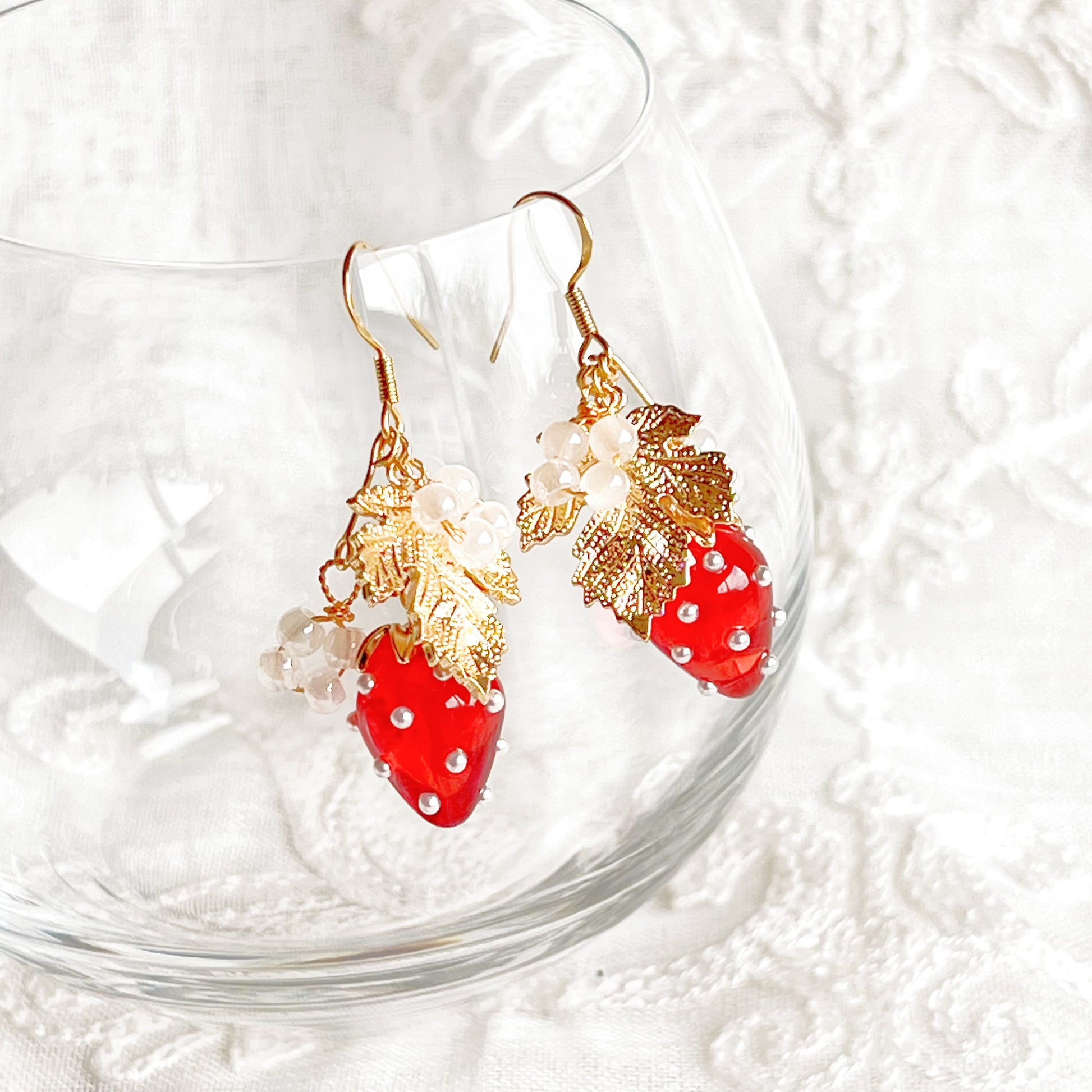Strawberry Gold Leaf Drop Earrings-Ninaouity