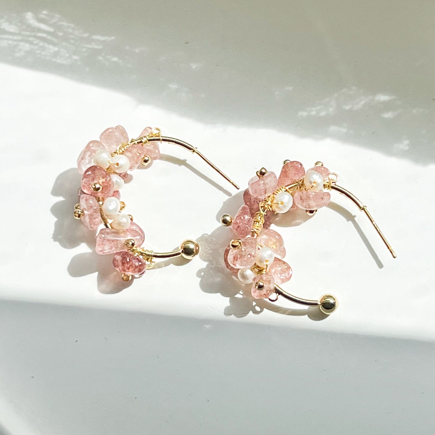 Strawberry Quartz and Pearl Beaded Hoop Earrings-Ninaouity