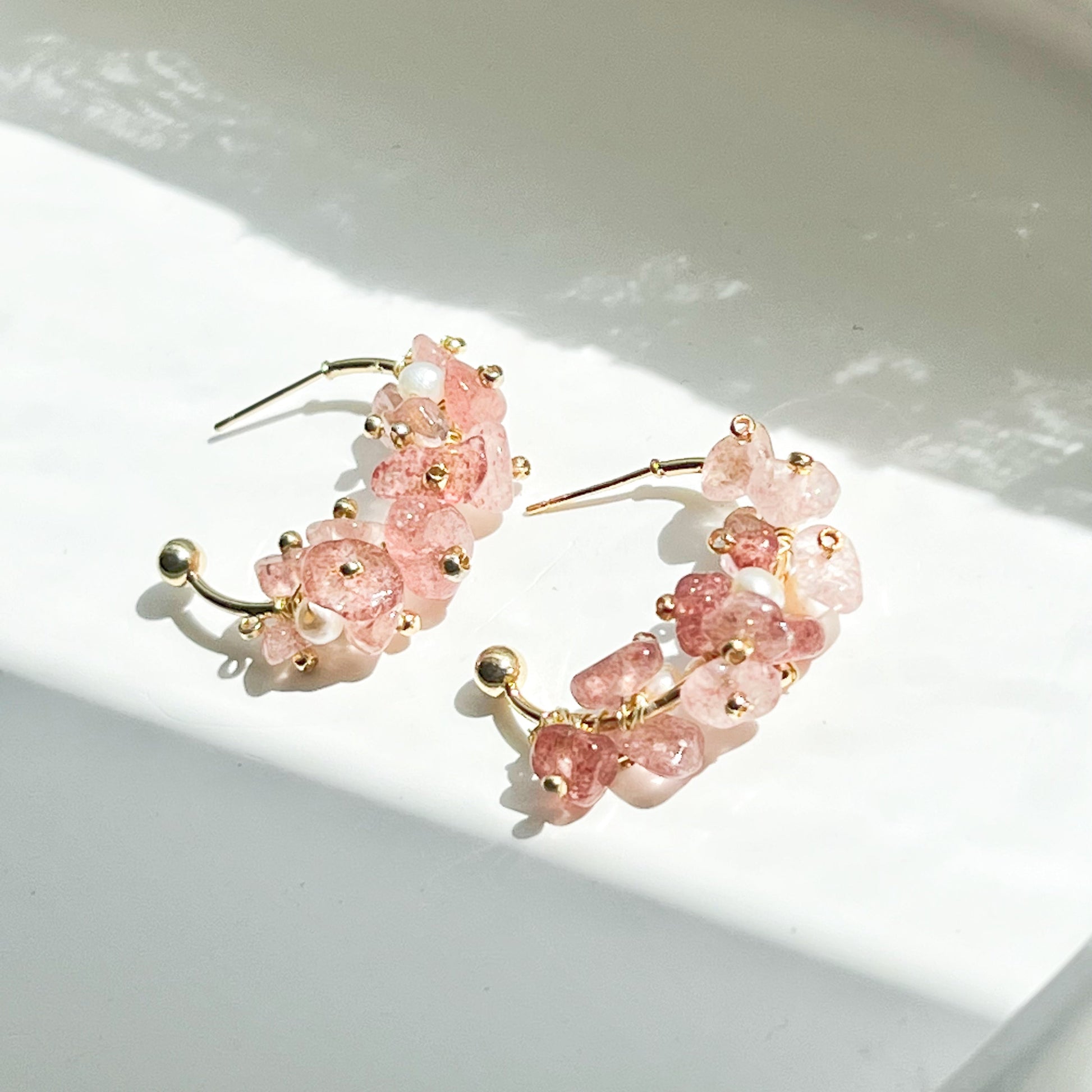 Strawberry Quartz and Pearl Beaded Hoop Earrings-Ninaouity