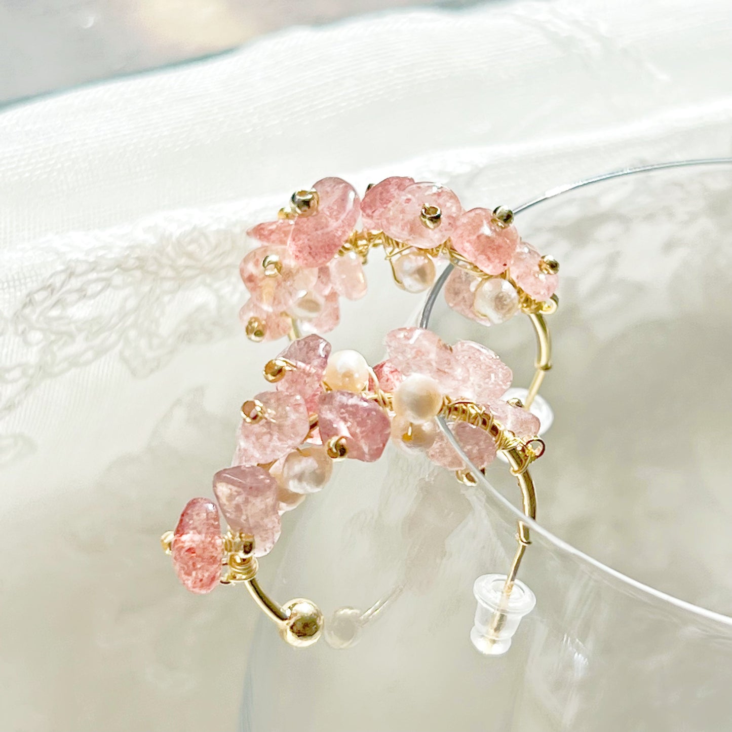 Strawberry Quartz and Pearl Beaded Hoop Earrings-Ninaouity