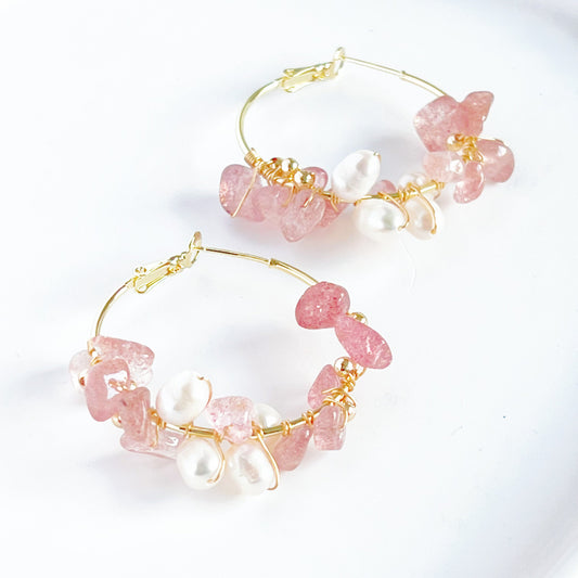 Strawberry Quartz and Pearl Hoop Earrings-Ninaouity