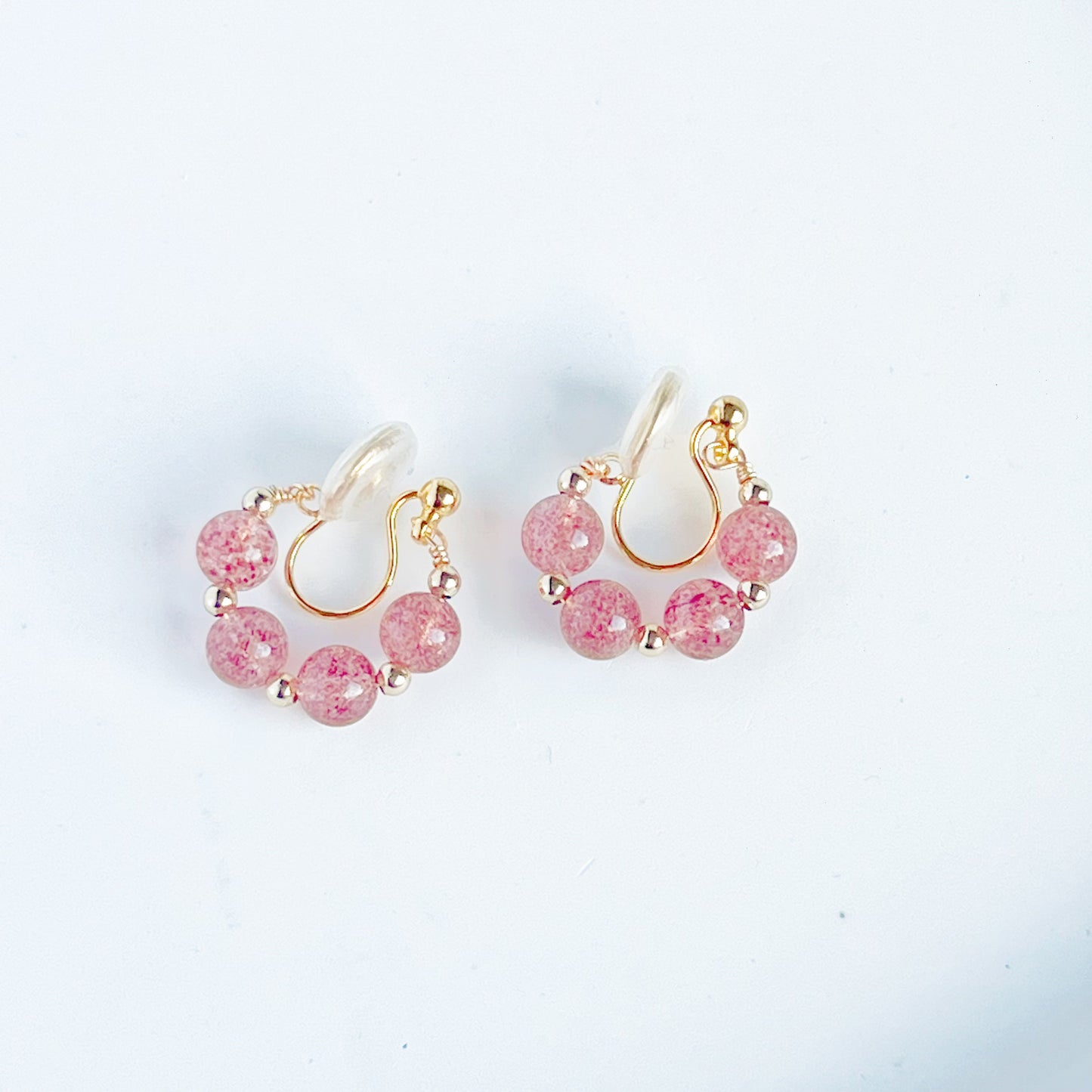 Strawberry Quartz Beads Hoop Clip-On Earrings-Ninaouity