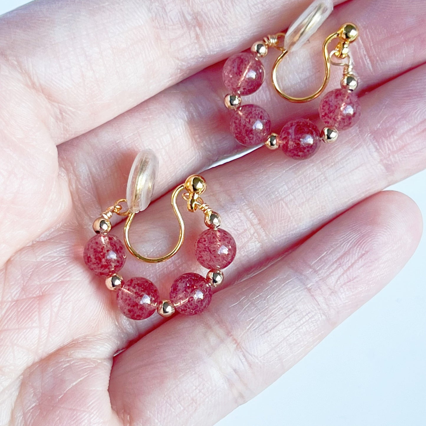 Strawberry Quartz Beads Hoop Clip-On Earrings-Ninaouity