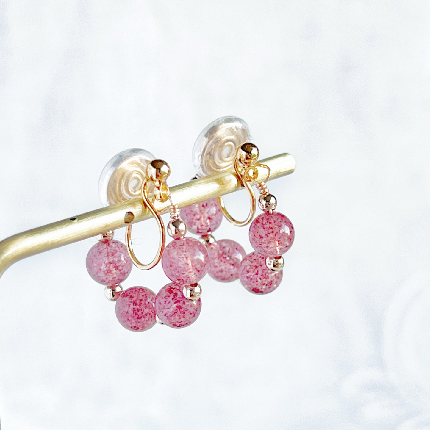 Strawberry Quartz Beads Hoop Clip-On Earrings-Ninaouity