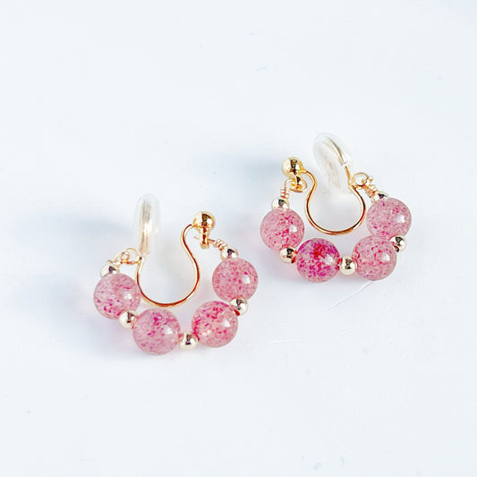 Strawberry Quartz Beads Hoop Clip-On Earrings-Ninaouity