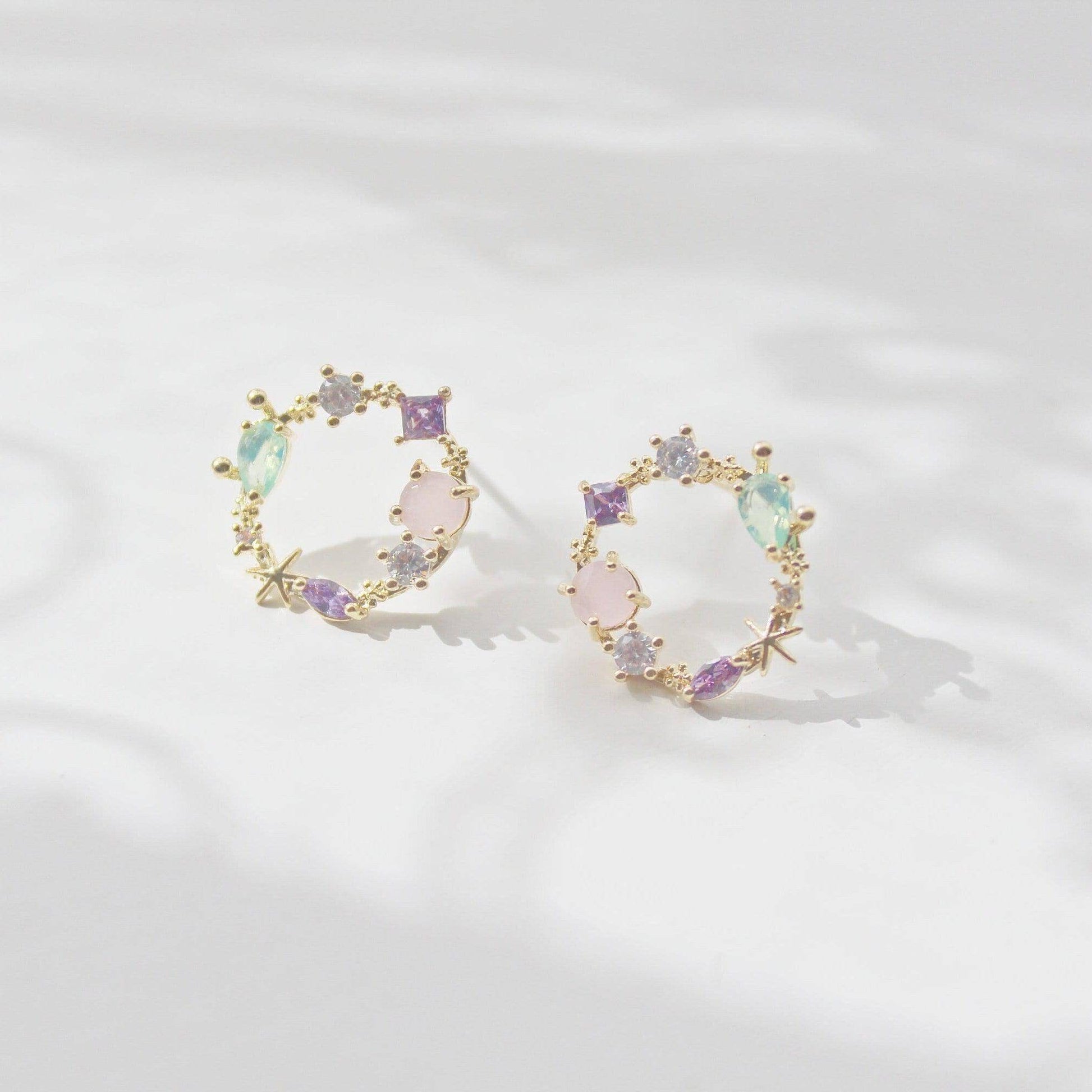 Summer Sea Treasures Earrings - Seashell and Starfish Purple Crystal Studs-Ninaouity