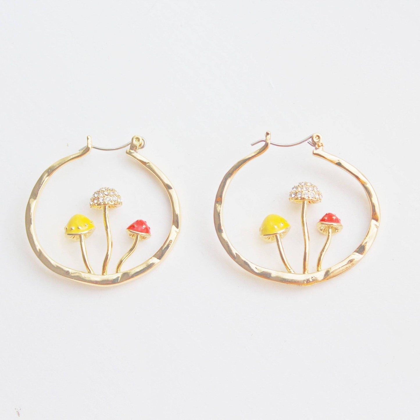 Three Mushrooms in Gold Hoop - Red Fly Agaric Good Luck Earrings-Ninaouity