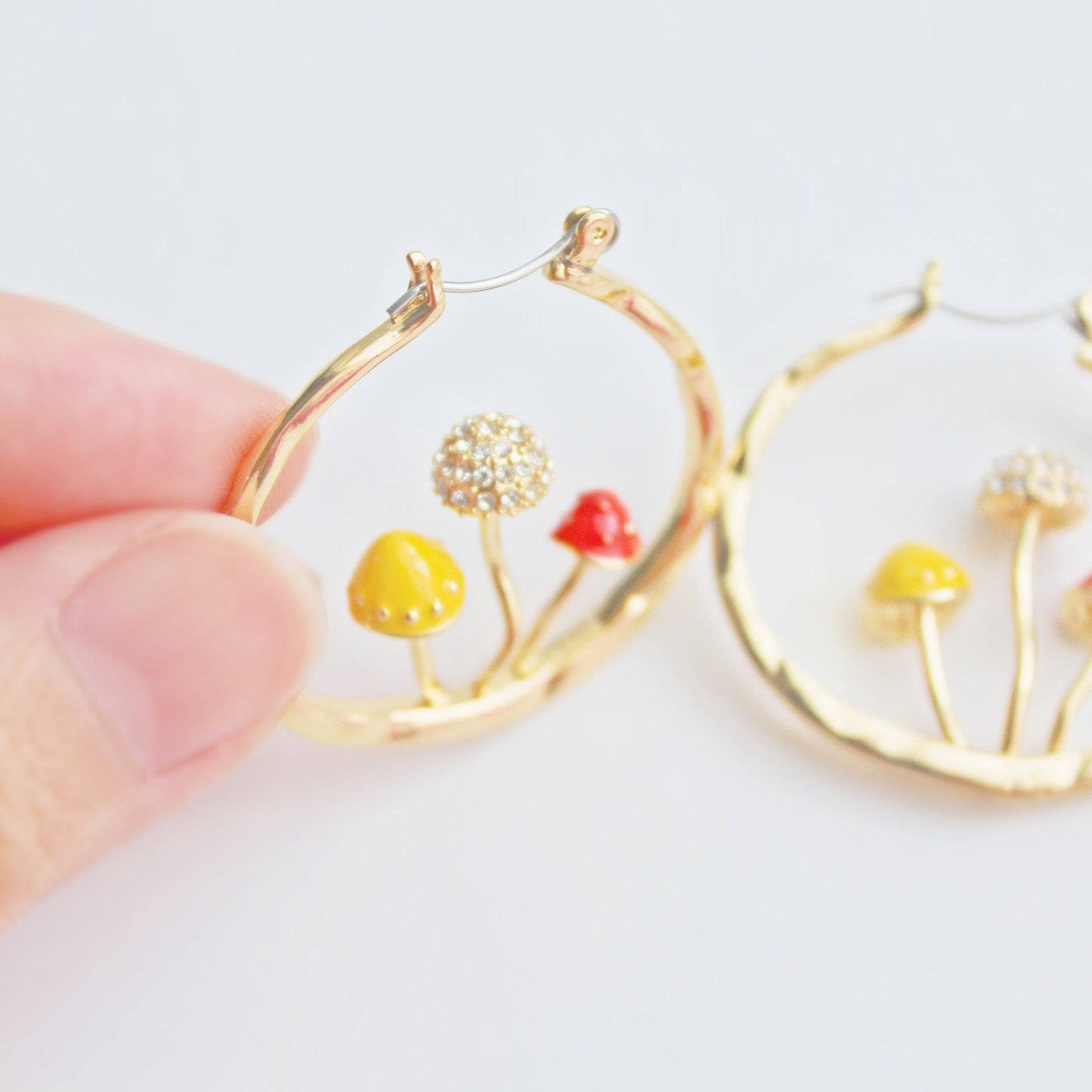 Three Mushrooms in Gold Hoop - Red Fly Agaric Good Luck Earrings-Ninaouity