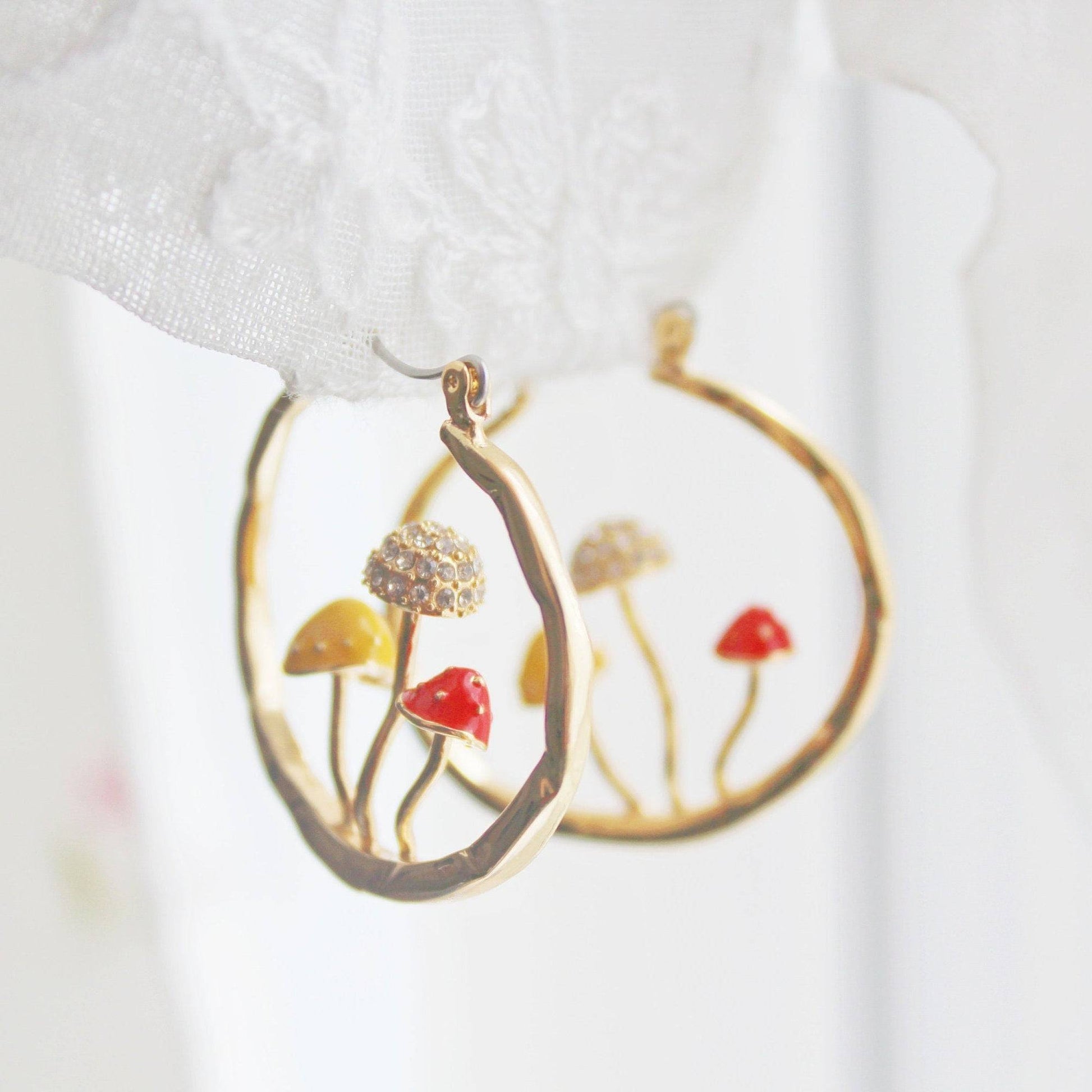 Three Mushrooms in Gold Hoop - Red Fly Agaric Good Luck Earrings-Ninaouity